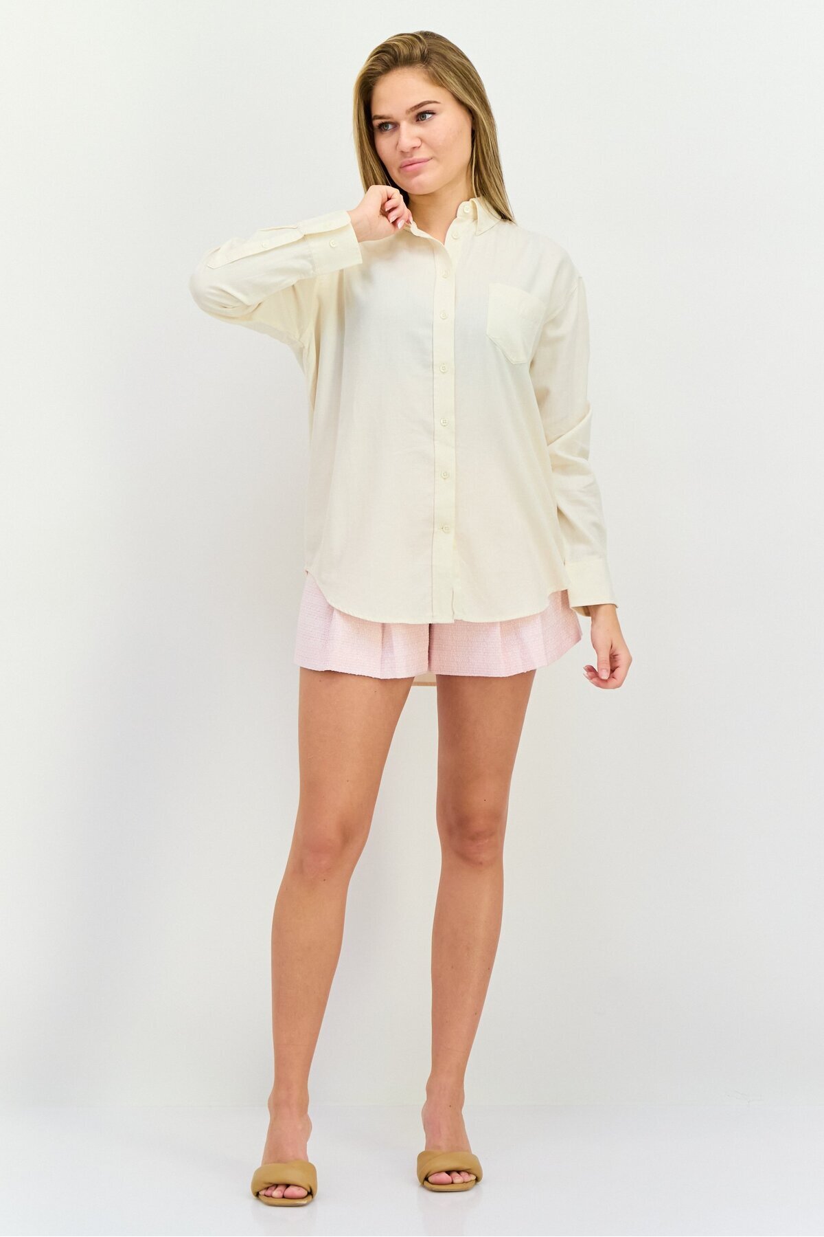 Gant-Women Button Down Collar Long Sleeves Solid Shirt, Cream 4