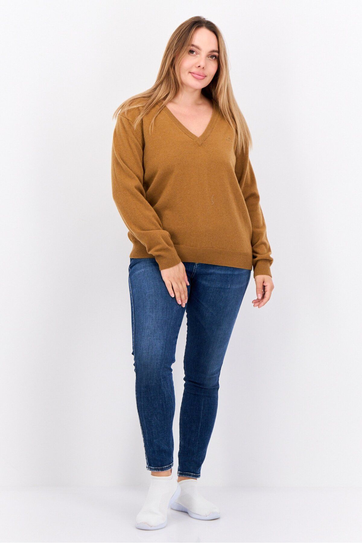 Gant-Women V-Neck Embroidered Logo Sweater, Tan 4