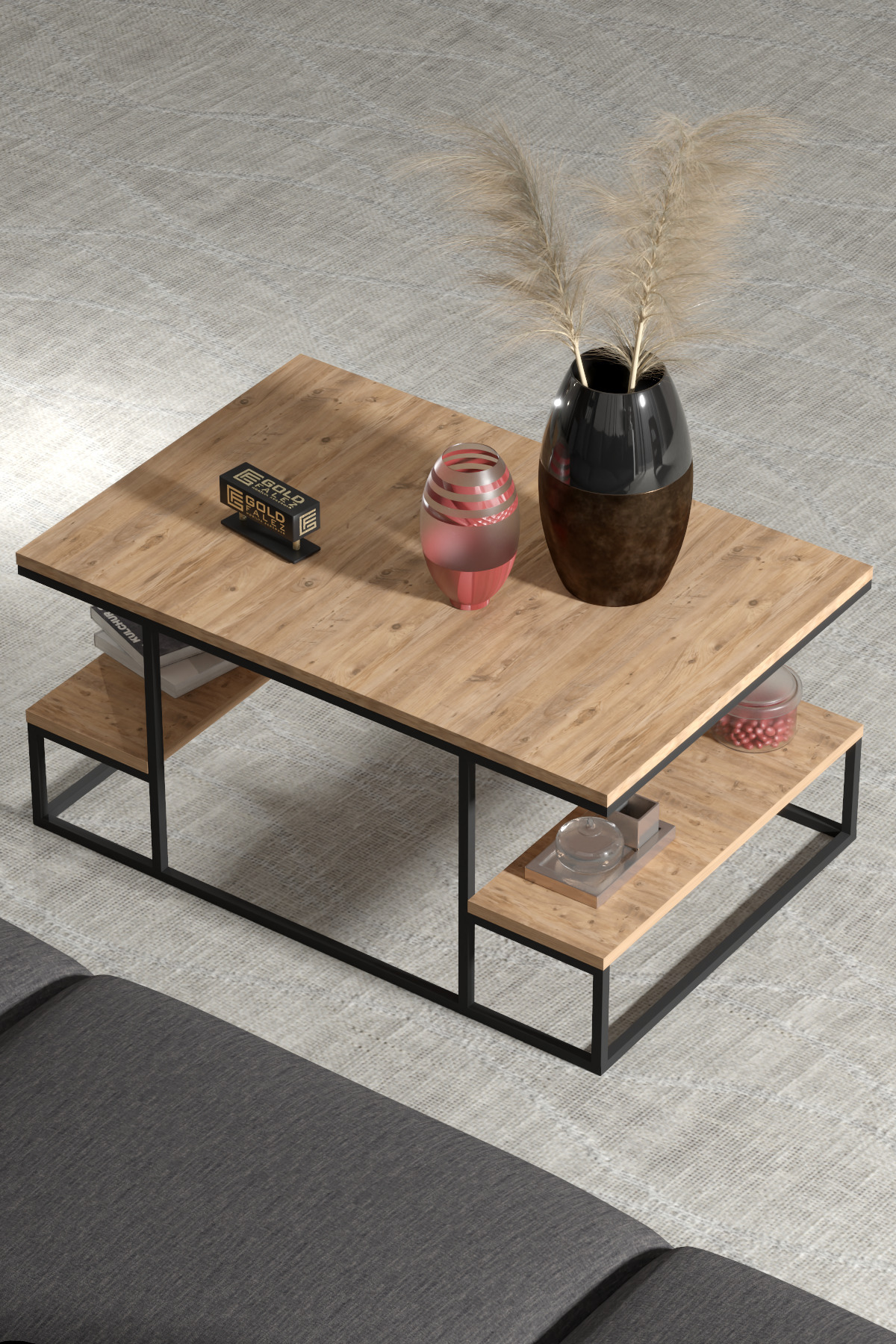 Goldfalez Deluxe Raflı Orta Sehpa Çam 90x60 görsel 5