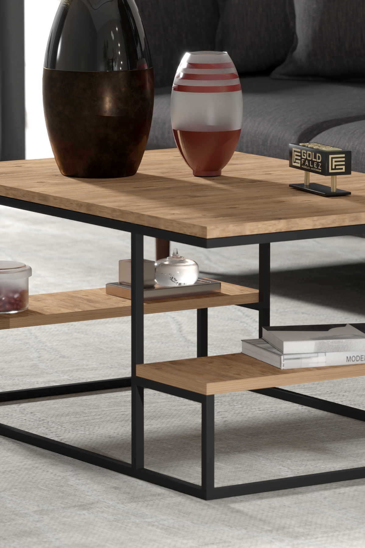Goldfalez Deluxe Raflı Orta Sehpa Çam 90x60 görsel 3