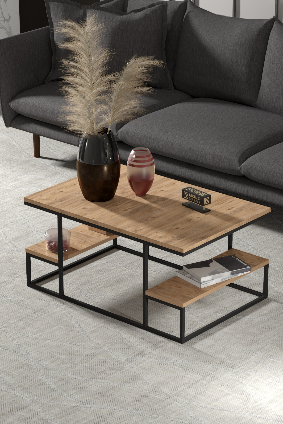 Goldfalez Deluxe Raflı Orta Sehpa Çam 90x60 görsel 2