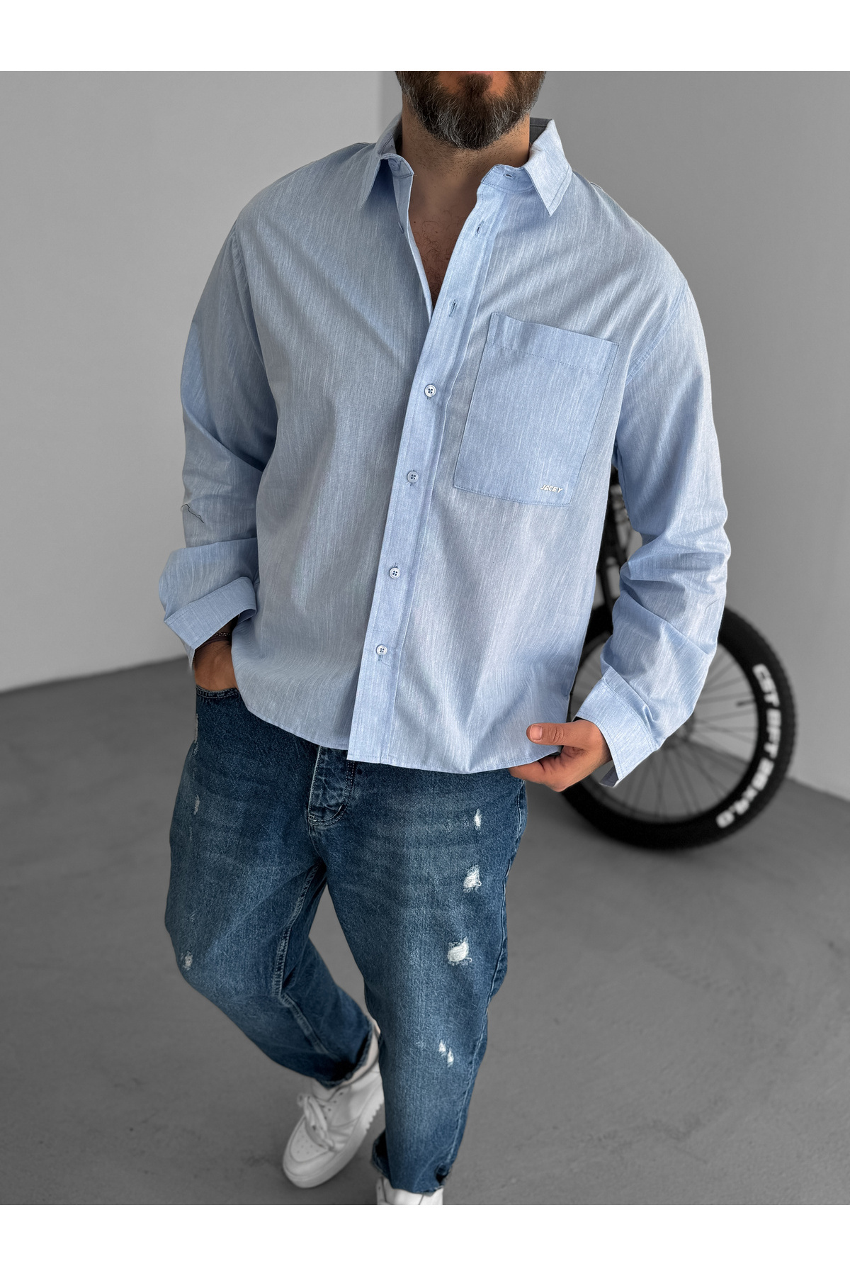 BYBASICMAN-Light Blue Single Pocket Embossed Boxy Fit Shirt Jj-183 1