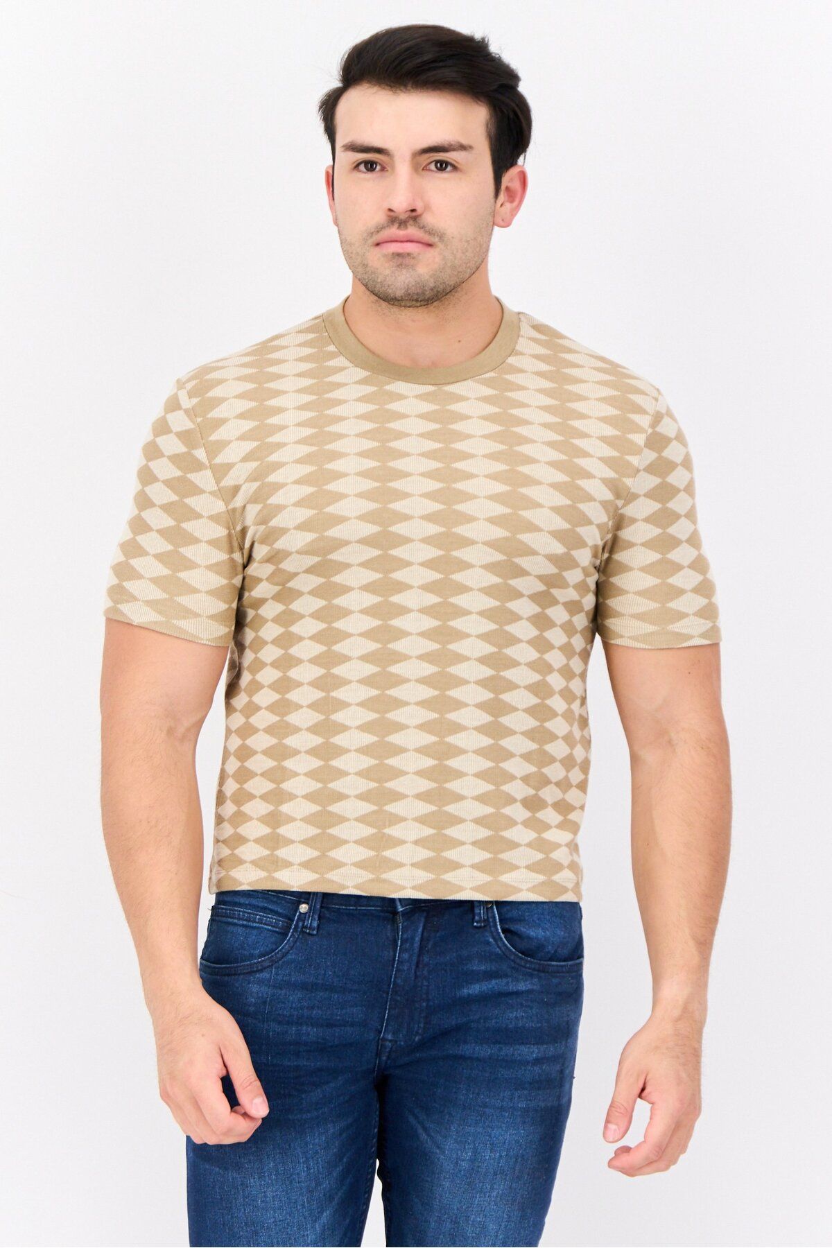 Asos Design-Men Crew Neck Short Sleeves Diamond Pattern T-Shirt, Tan 1
