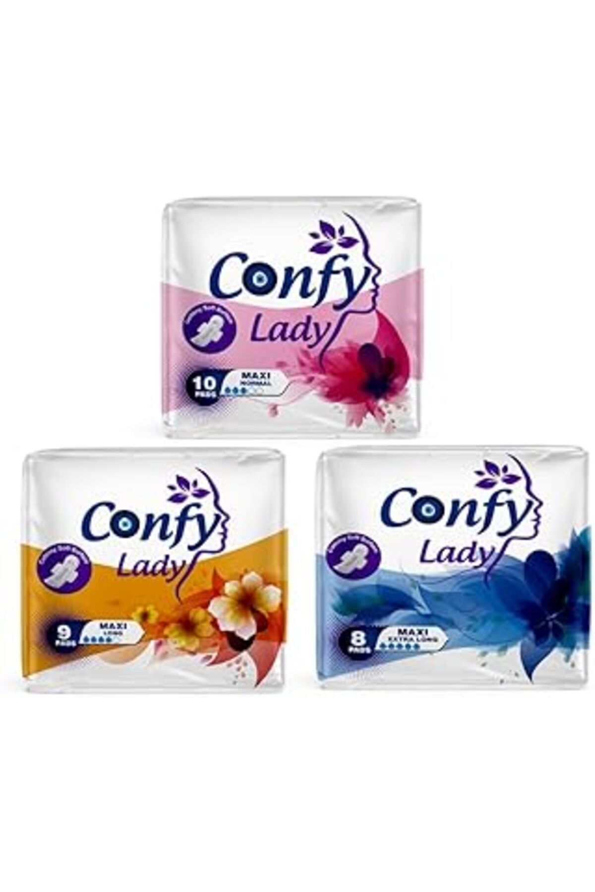 NZM TİCARET Confy Lady Maxi Hijyenik Ped Tanışma Pak, 10 Normal, 9 Long, 8 Extra Long, Toplam 27 Adet