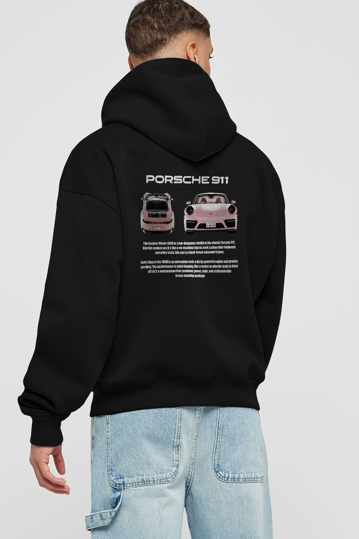 Ankhises PORSCHE 911 PINK 1 Hanorac negru oversize cu glugă cu imprimeu ...