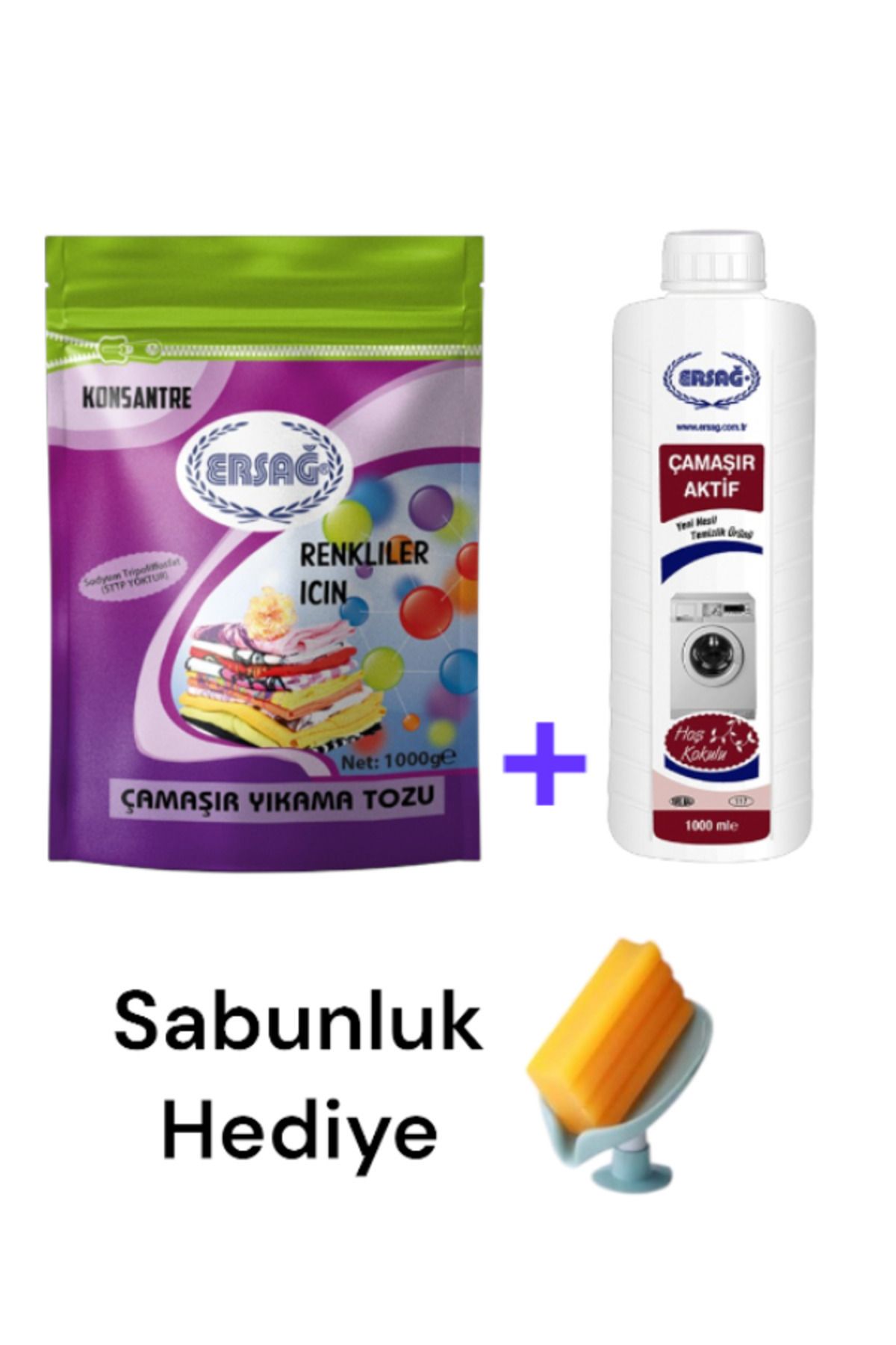 Ersağ Renkliler İçin Çamaşır Yıkama Tozu1000 GR + Çamaşır Aktif 1000 ML+ (Sabunluk Hediye'li) 101-18