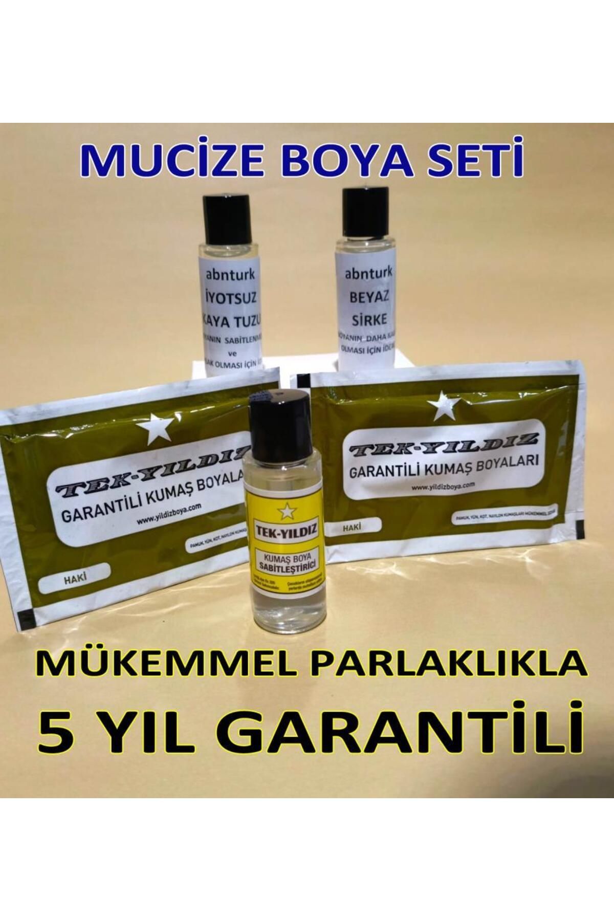 abnturk Haki Renk 5li Kumaş Boyama Seti+Sabitleyici+Kalıcı için Sirke+Parlaklık için iyotsuz Tuz+2 Adet Boya
