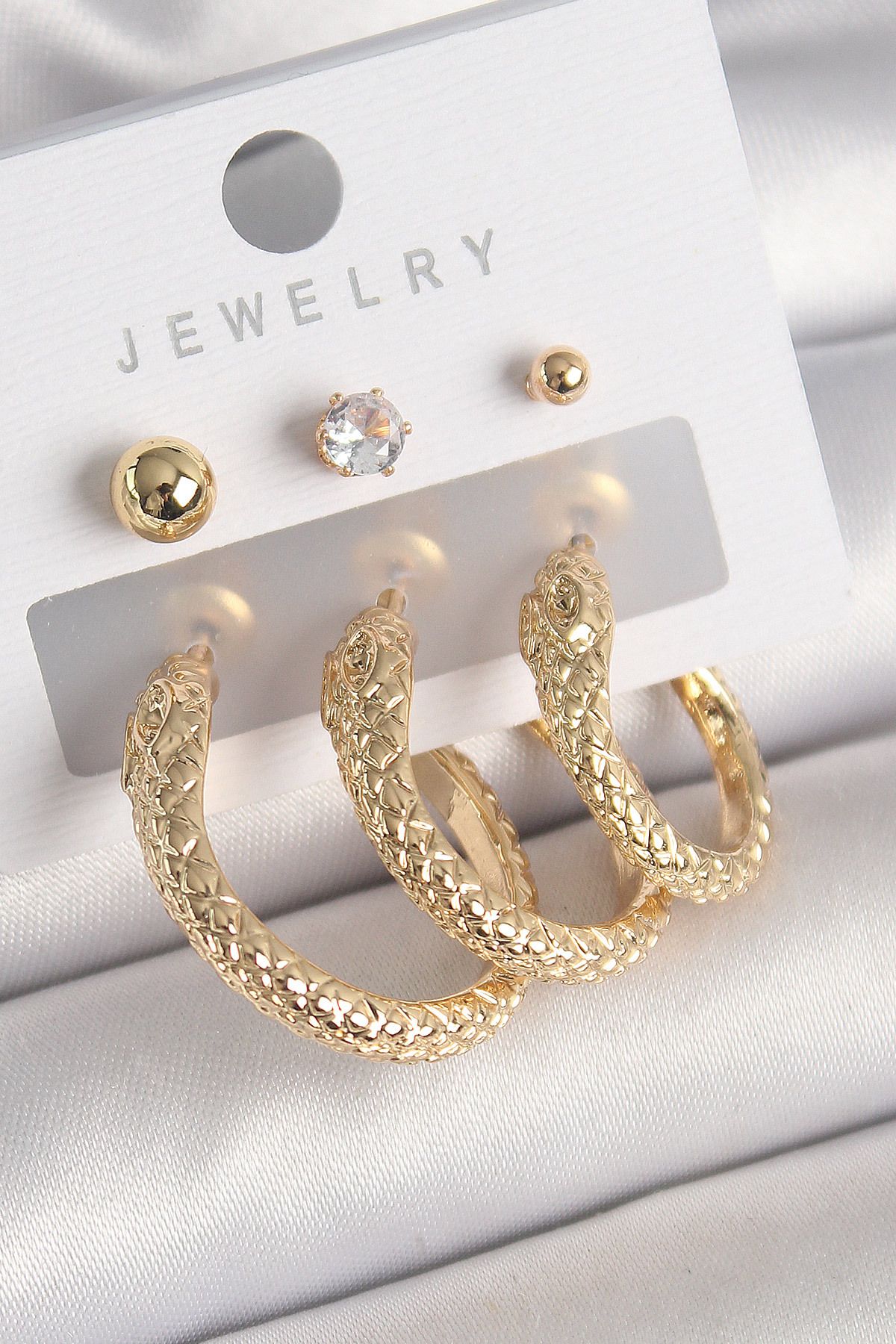 LovelymCo Pirinç Gold Renk Zirkon Taşlı Topçuk Detay Yılan Halka Model Kadın Küpe Seti - Lisinya