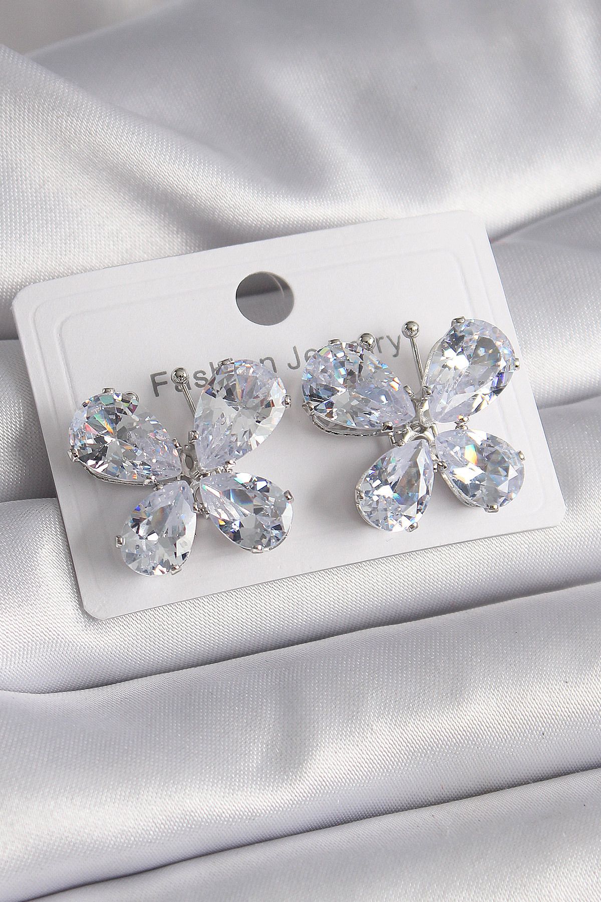 melfxxl eticaret-Brass Silver Color Zircon Stone Butterfly Model Women's Earrings - Lisinya 1