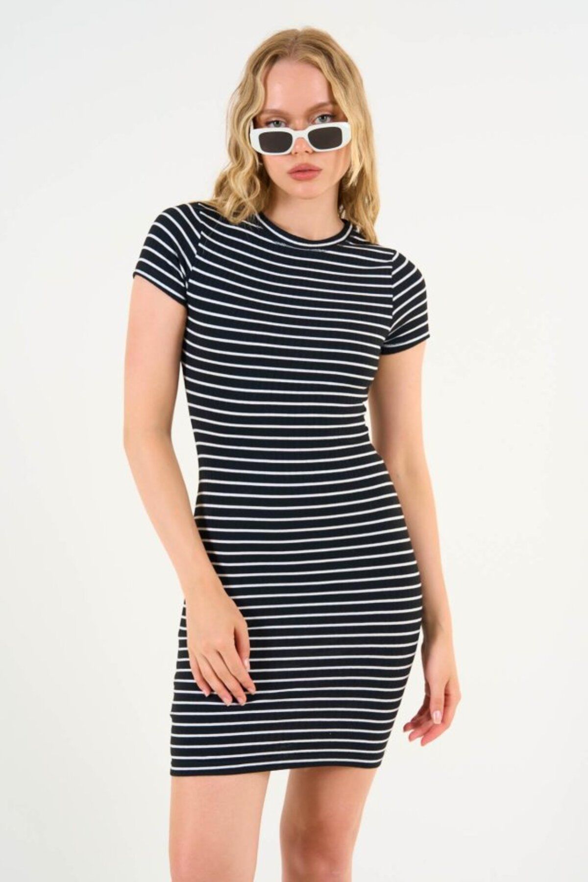 RAMİMSE-Ramimse Striped Short Sleeve Dress - Black-Ecru 2