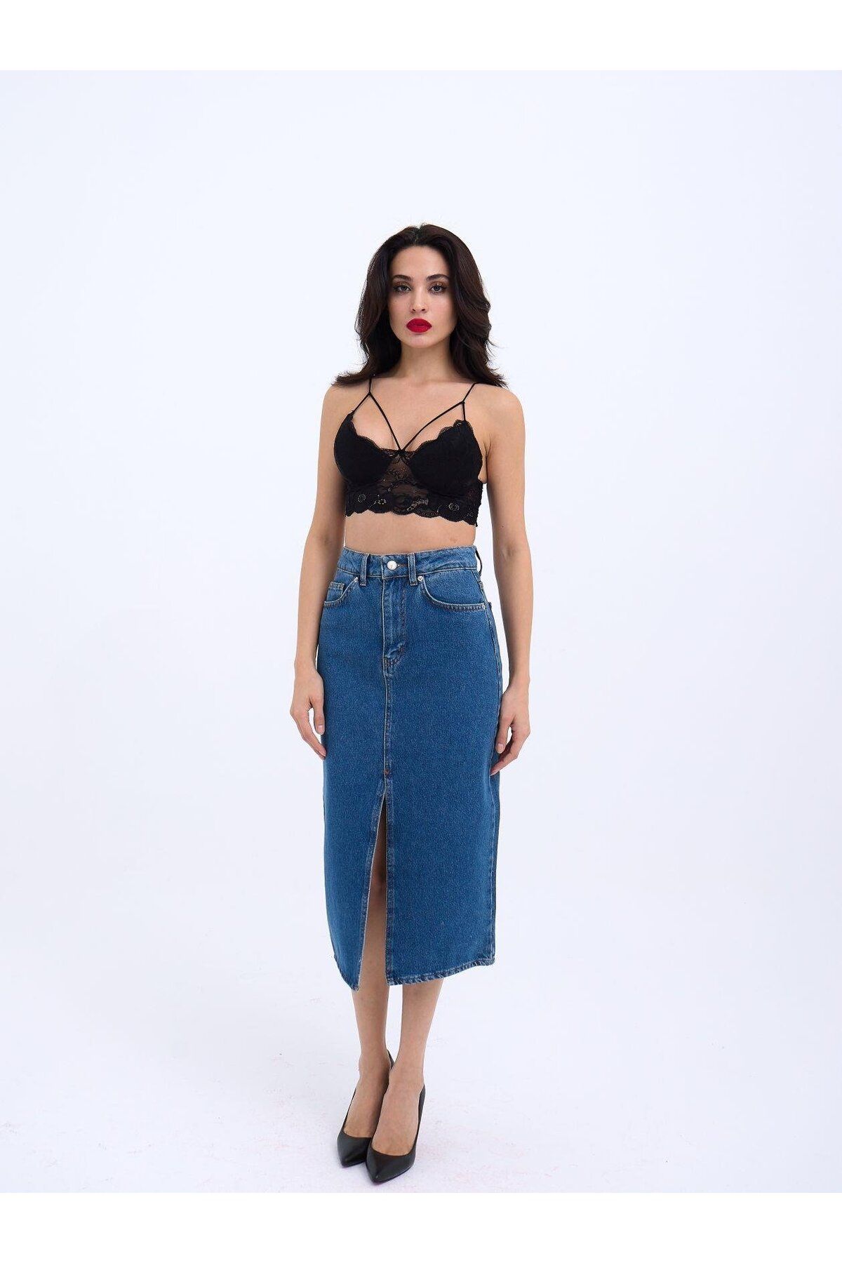 jupiter global bazaar 6471 DENİM MIDI SLIT SKIRT-KOYU MAVİ