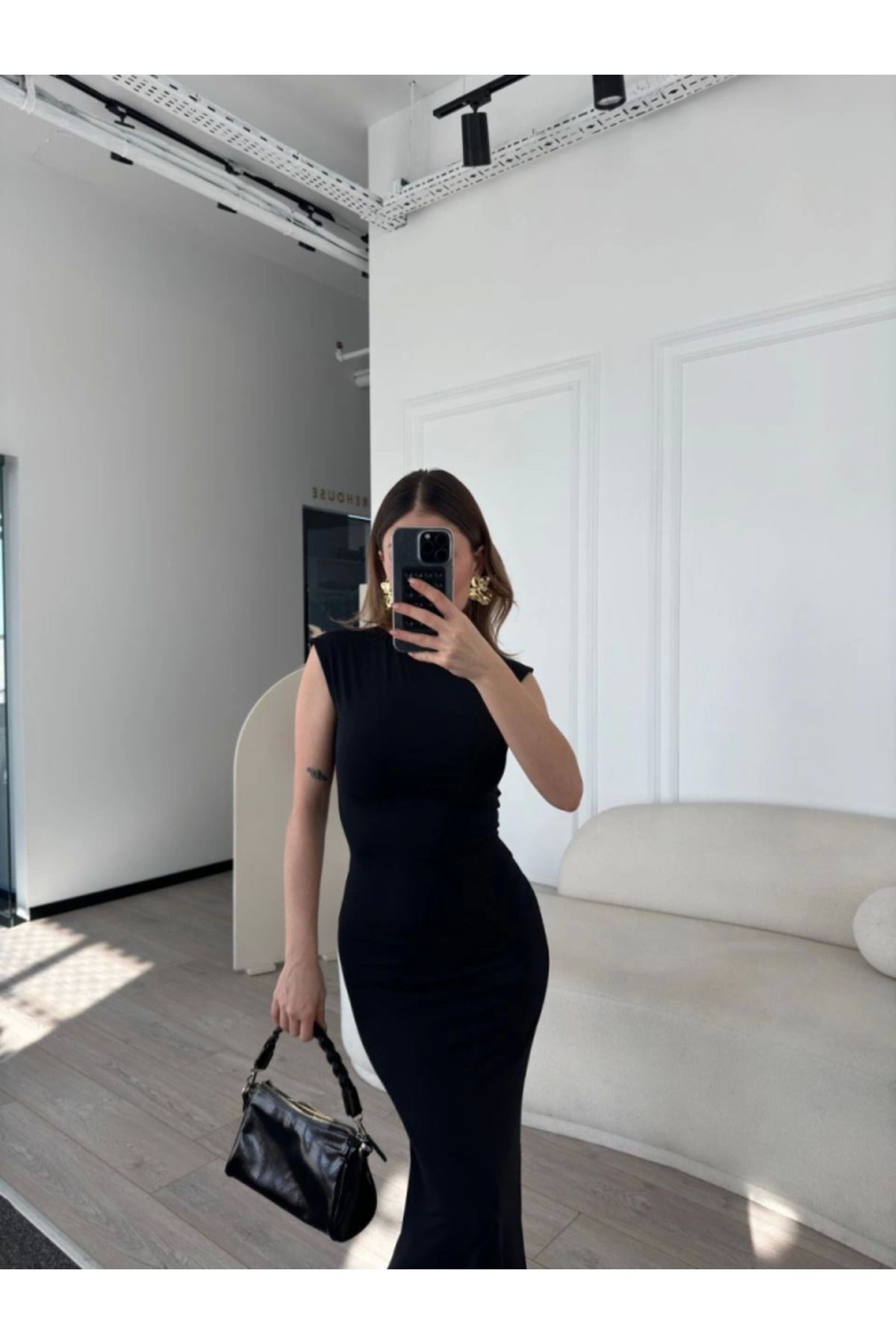 MHT STORE Kolsuz Uzun Likralı Elbise - Siyah