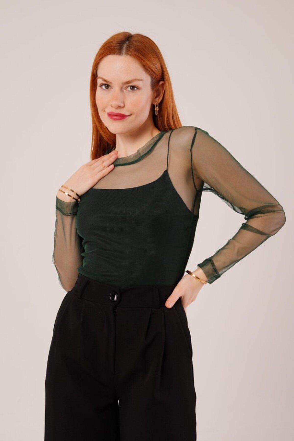 Asap Transparan Yeşil Tül Basic Bluz