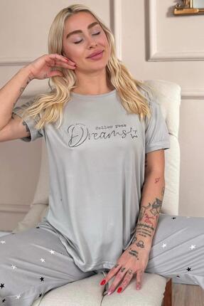 Pijamaevi Gri Dreams Desenli Bambu Kısa Kol Kadın Pijama Takımı