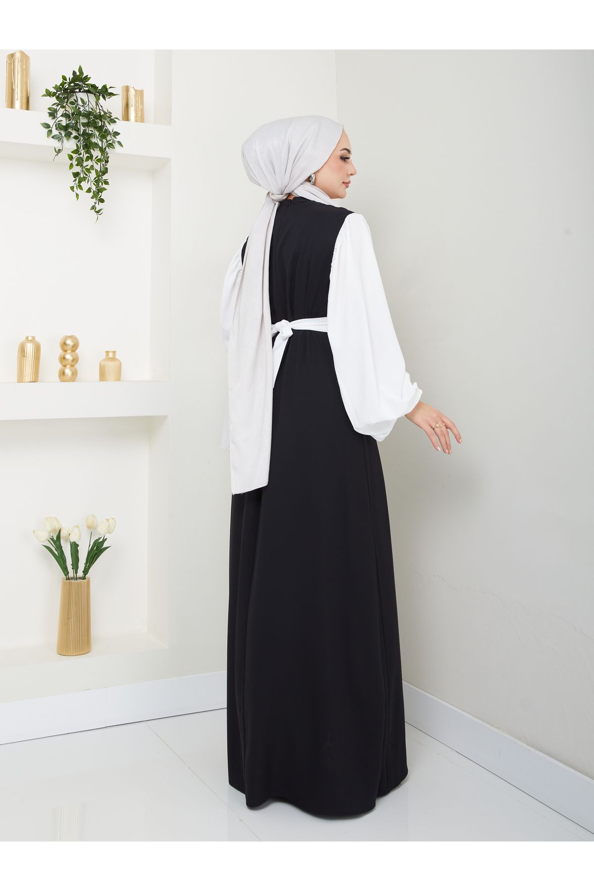 EFSUN MODA-Women's Saw Sleeve White Dress Blume Buckle Black Dress 7