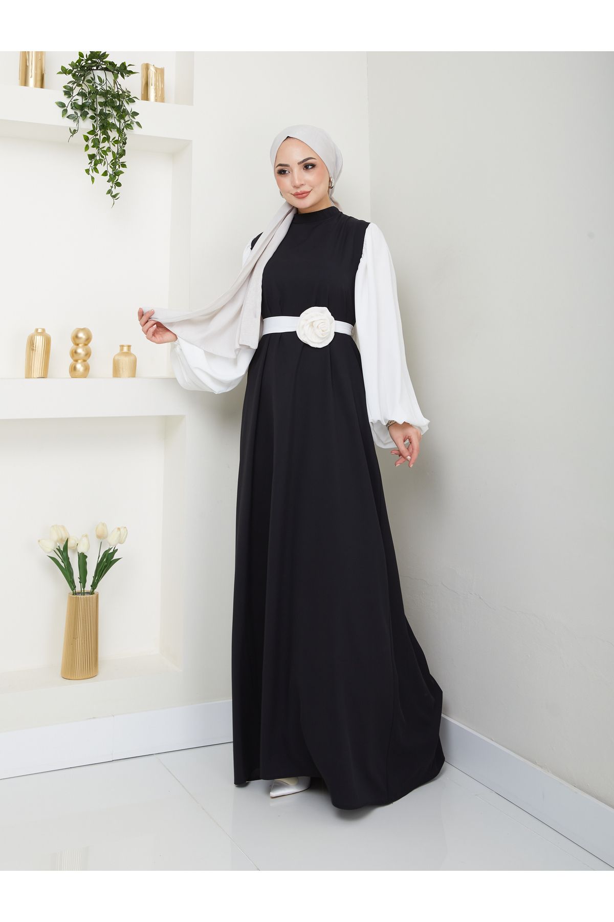 EFSUN MODA-Women's Saw Sleeve White Dress Blume Buckle Black Dress 4