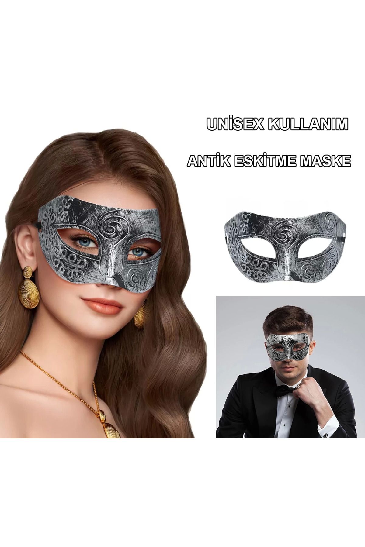 ETC Gümüş Eskitme Yüz Maskesi - Antik Tarz Balo Maskesi - ETC7140-7115