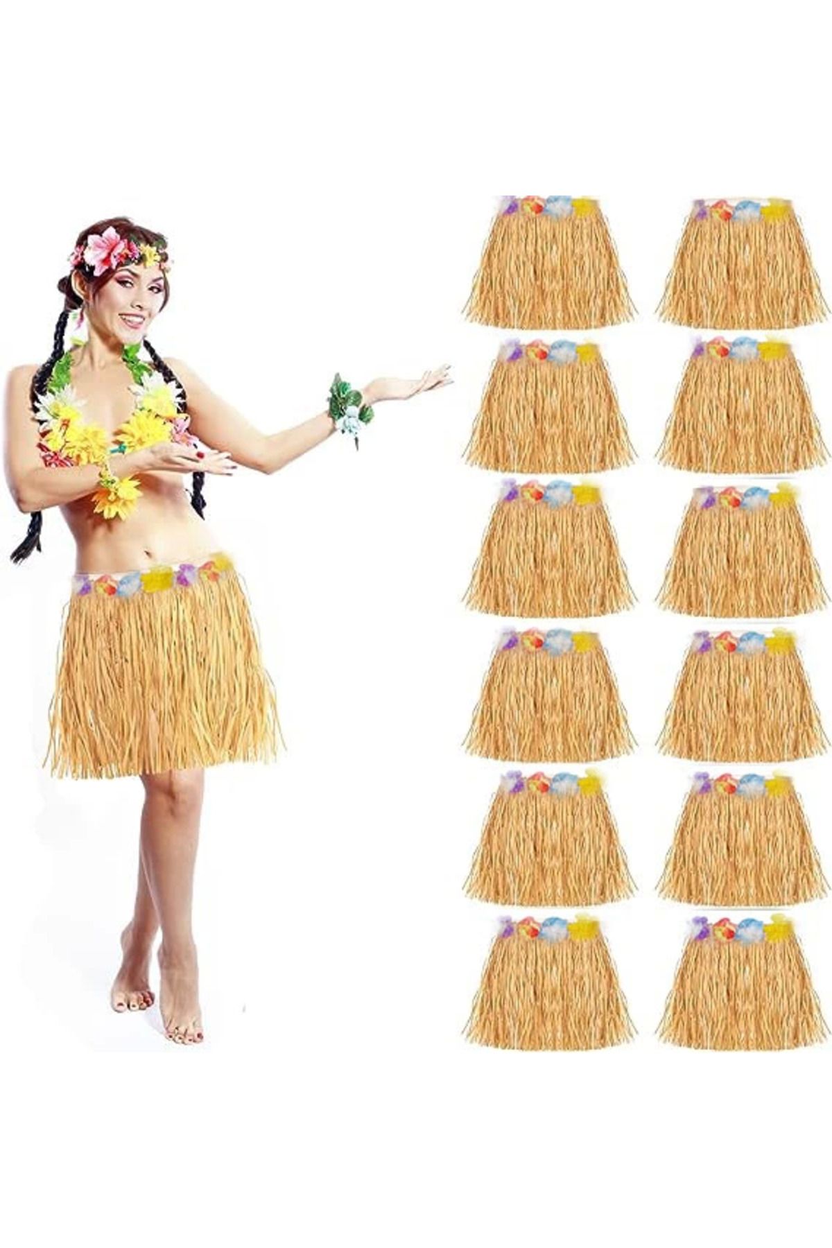 Narnuga Yetişkin Ve Çocuk Uyumlu Saman Renk Hawaii Luau Hula Etek 40 Cm 12 Adet - MCT4344-9901