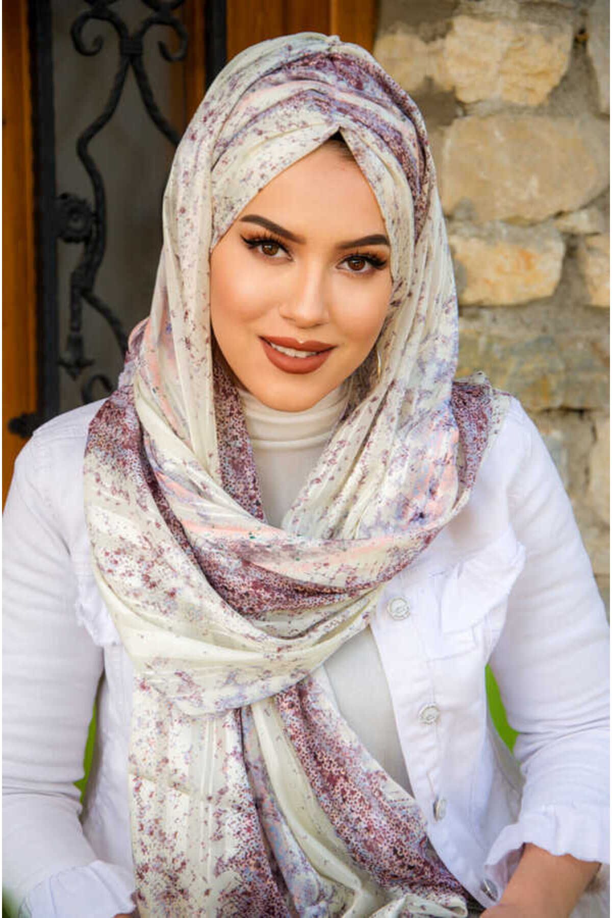 Aişe tesettür-Plum Ecru Patterned Ready Made Chiffon Shawl 3