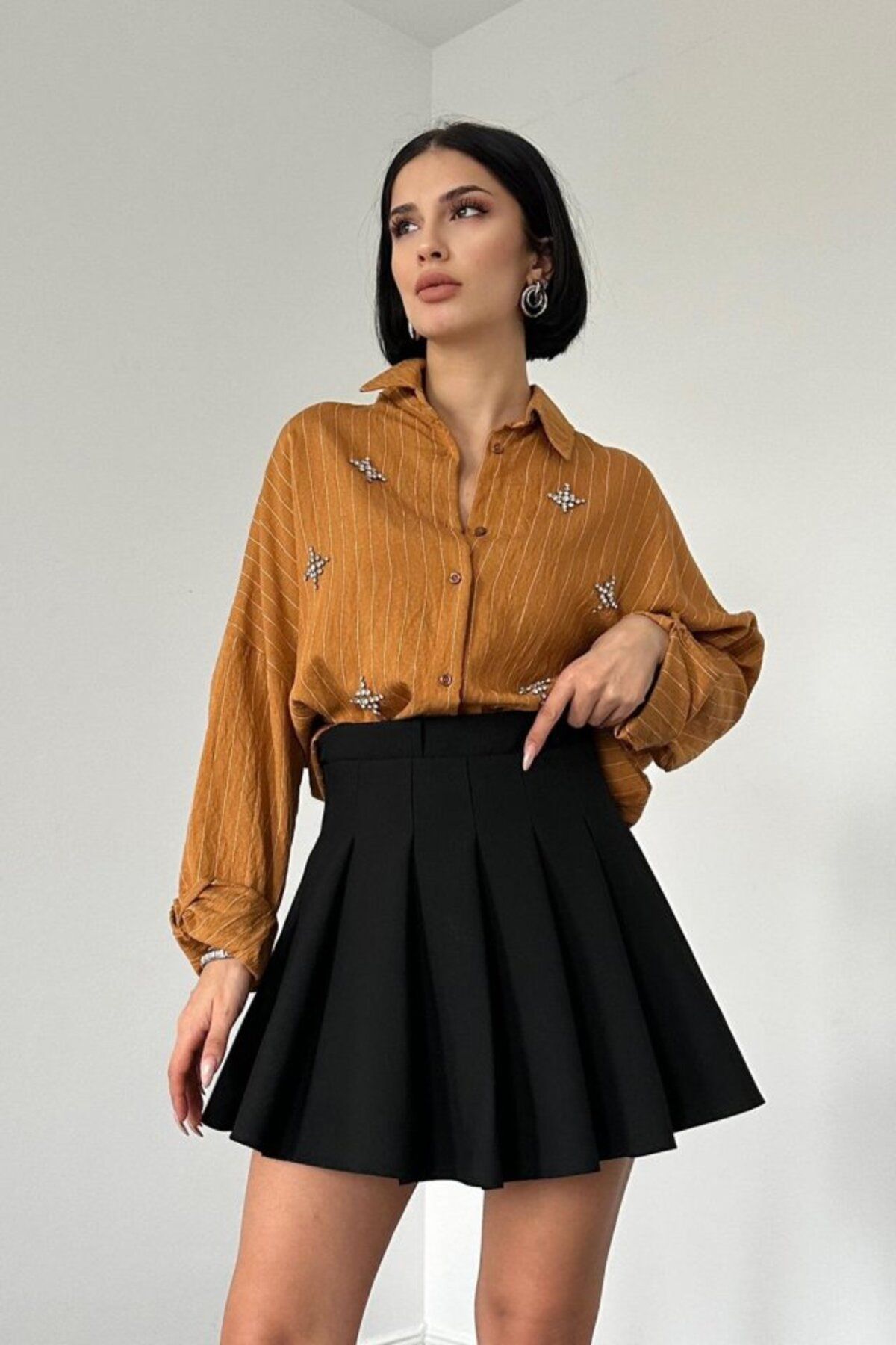TUA MODA TUA MODA Kahverengi Çizgili Kristal Taşlı Klasik Gömlek