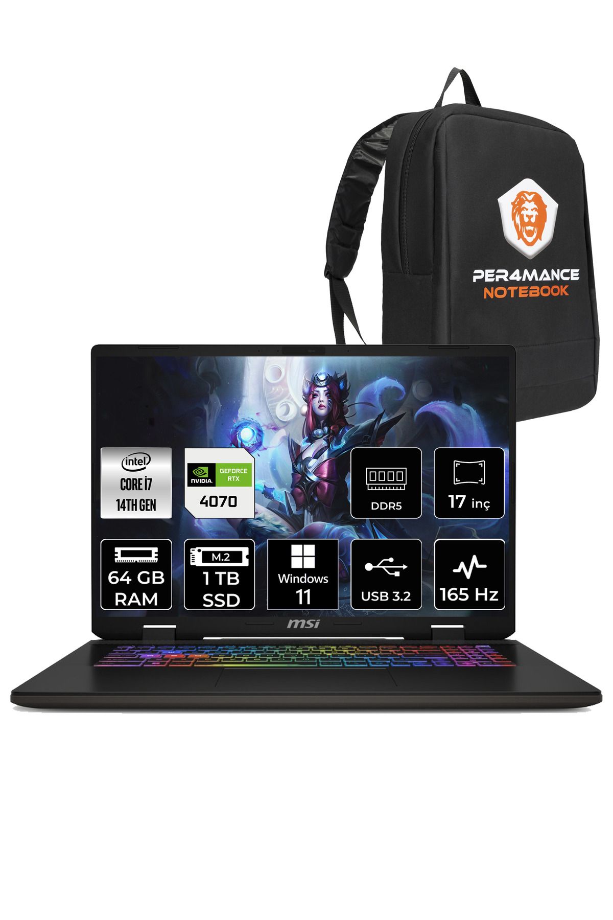 MSI SWORD 17 HX B14VGKG i7-14700HX 64GB 1TB SSD RTX4070/8GB 105W 17" FHD+ 165HZ W11P & PER4 ÇANTA