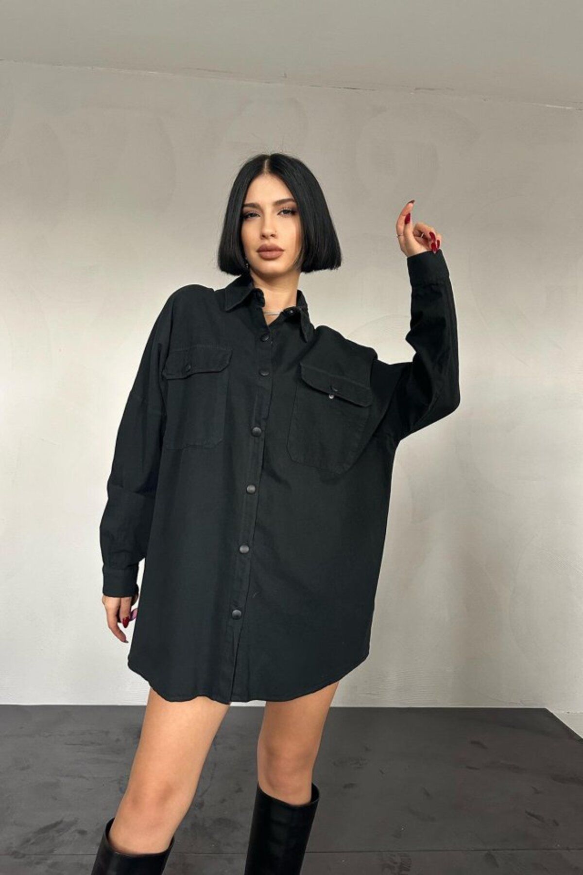 MRA Fashion Siyah Çift Cep Kapaklı Çıtçıtlı Gömlek