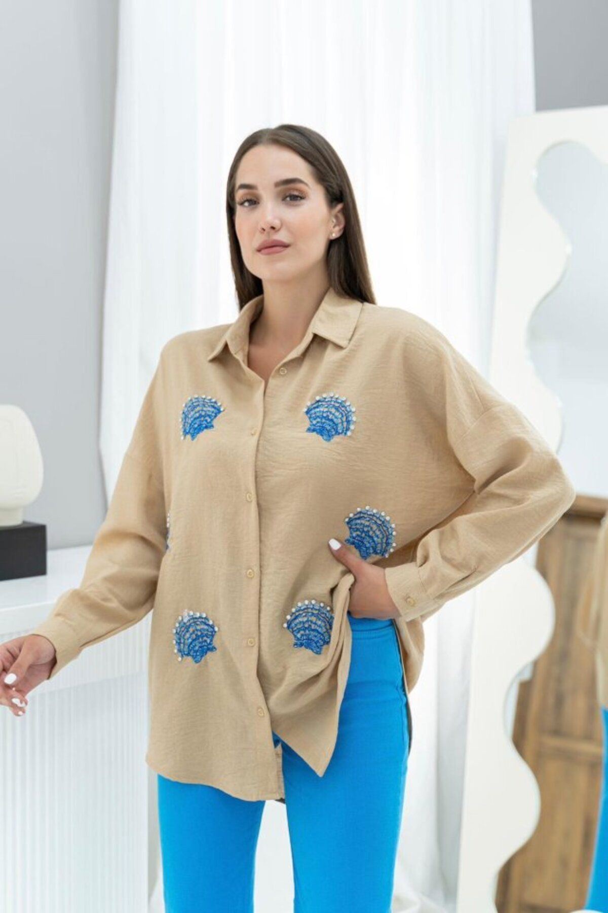 MRA Fashion Vizon Deniz Kabuk Desenli Gömlek