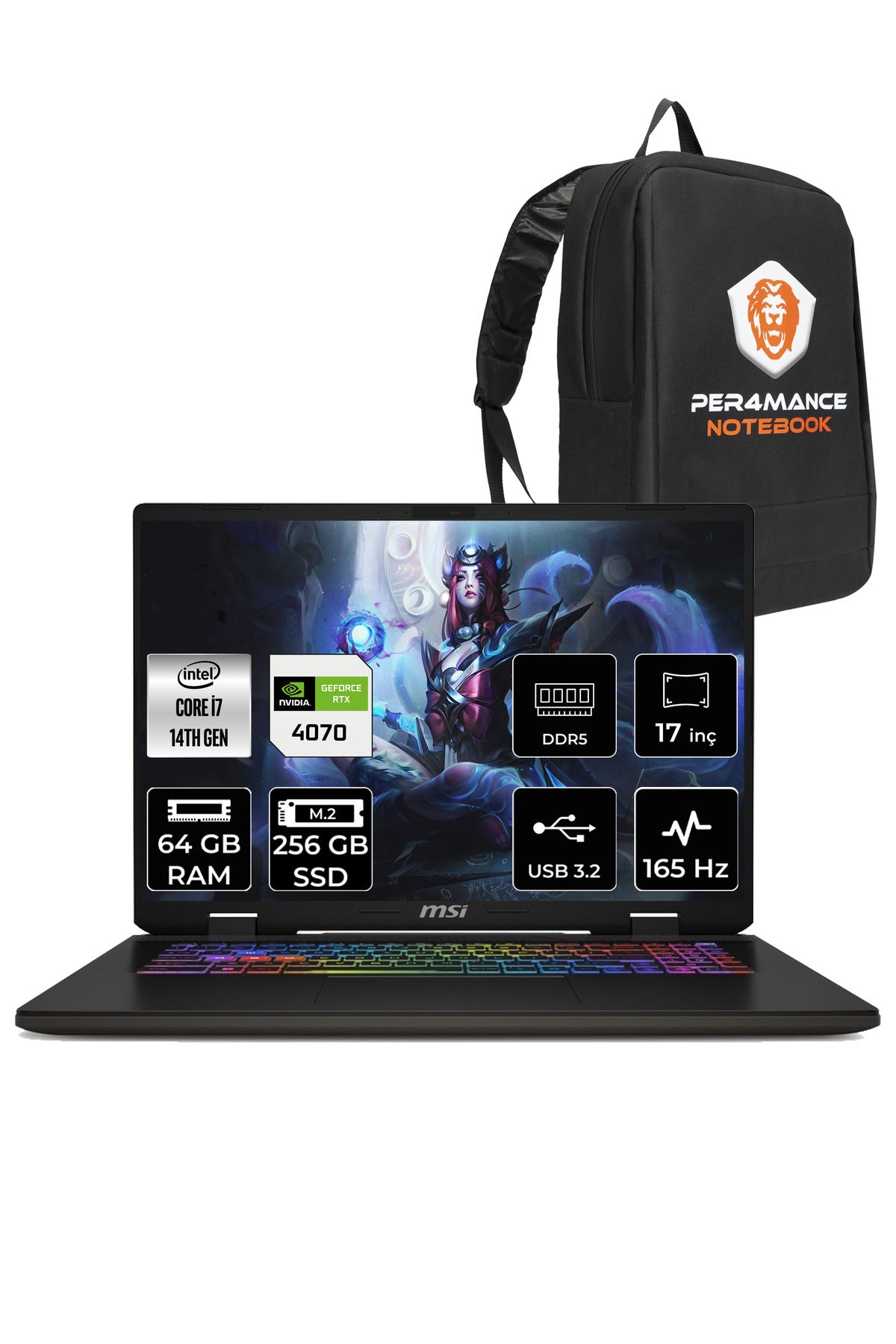 MSI SWORD 17 HX B14VGKG i7-14700HX 64GB 256GB SSD RTX4070/8GB 105W 17" FHD+ 165HZ FDOS & PER4 ÇANTA