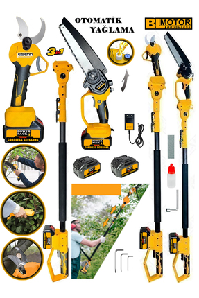 Eisenn German 3Lü Budama Set Yellow otomatik Yağlamalı Zincirli Testere Şarjl...