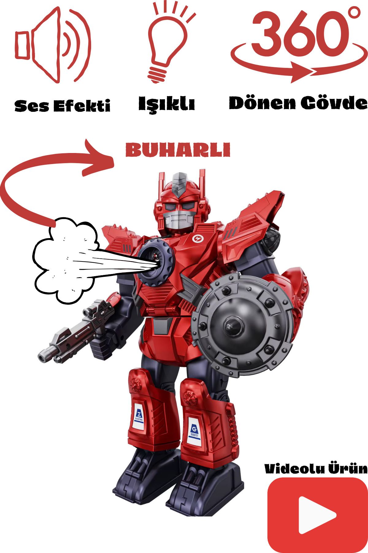 welcomein Oyuncak Işıklı ve Müzikli Buhar Çıkartan Hareketli Pilli Savaşçı Robot Ekipmanlı Buharlı Robot