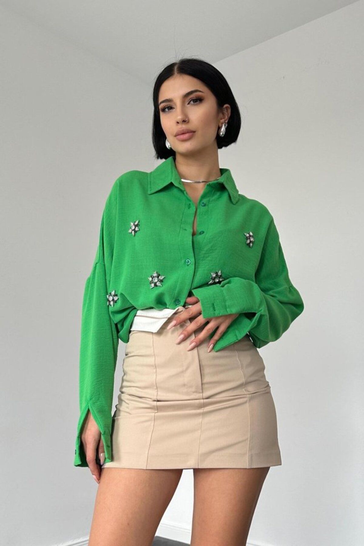 fh fashionhere Yeşil Taş İşlemeli Gömlek