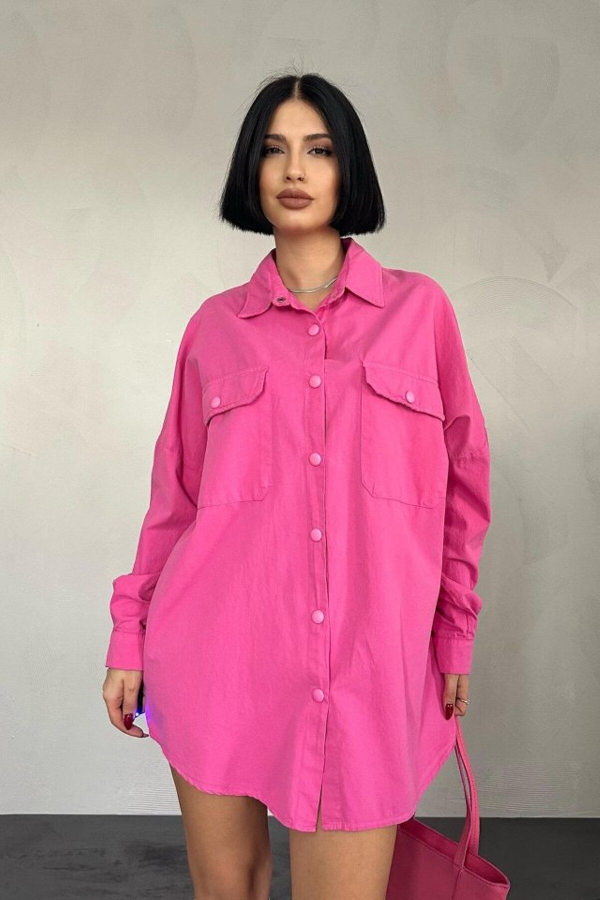 MRA Fashion Fuşya Çift Cep Kapaklı Çıtçıtlı Gömlek
