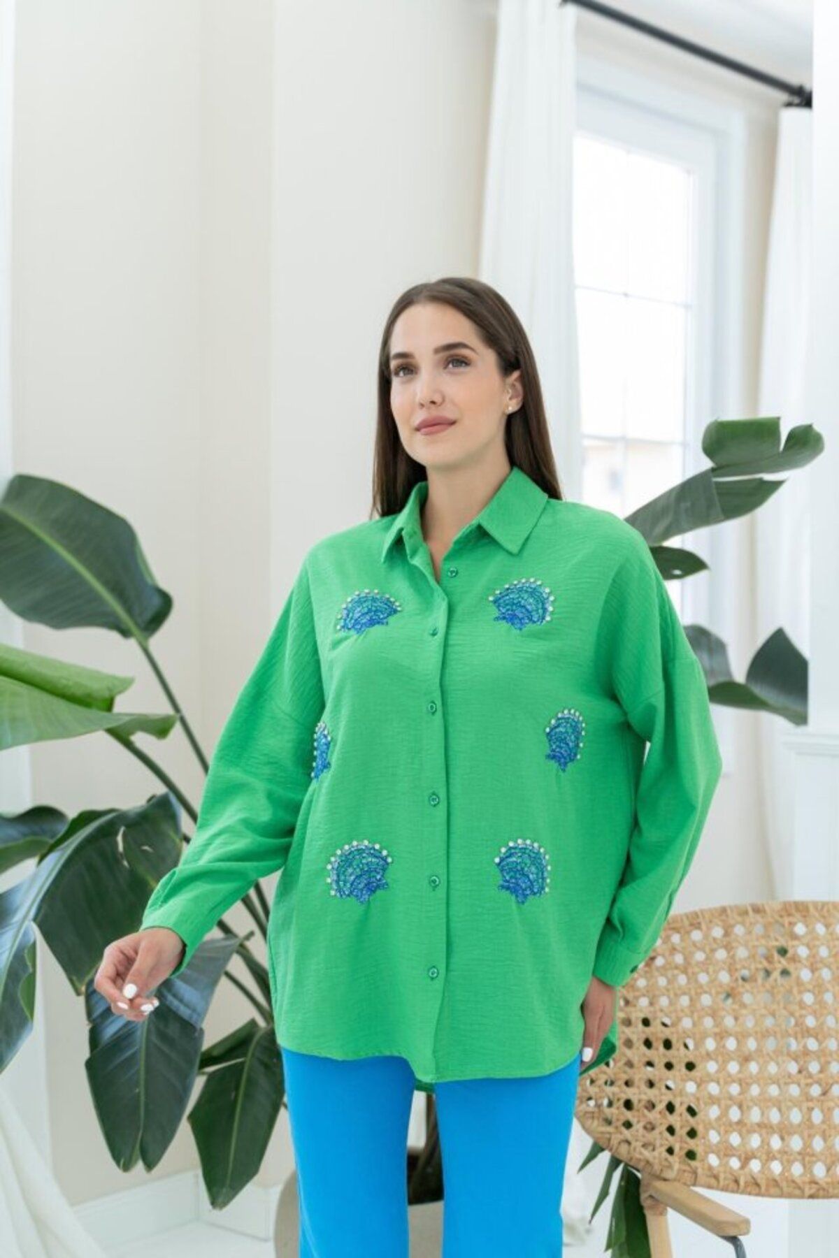 MRA Fashion Yeşil Deniz Kabuk Desenli Gömlek