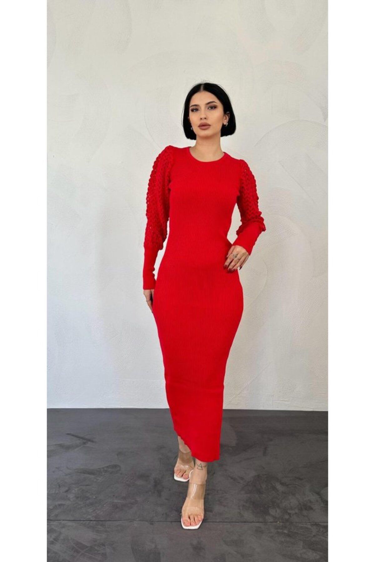 MODA Kırmızı Kolları Örgülü Triko Elbise