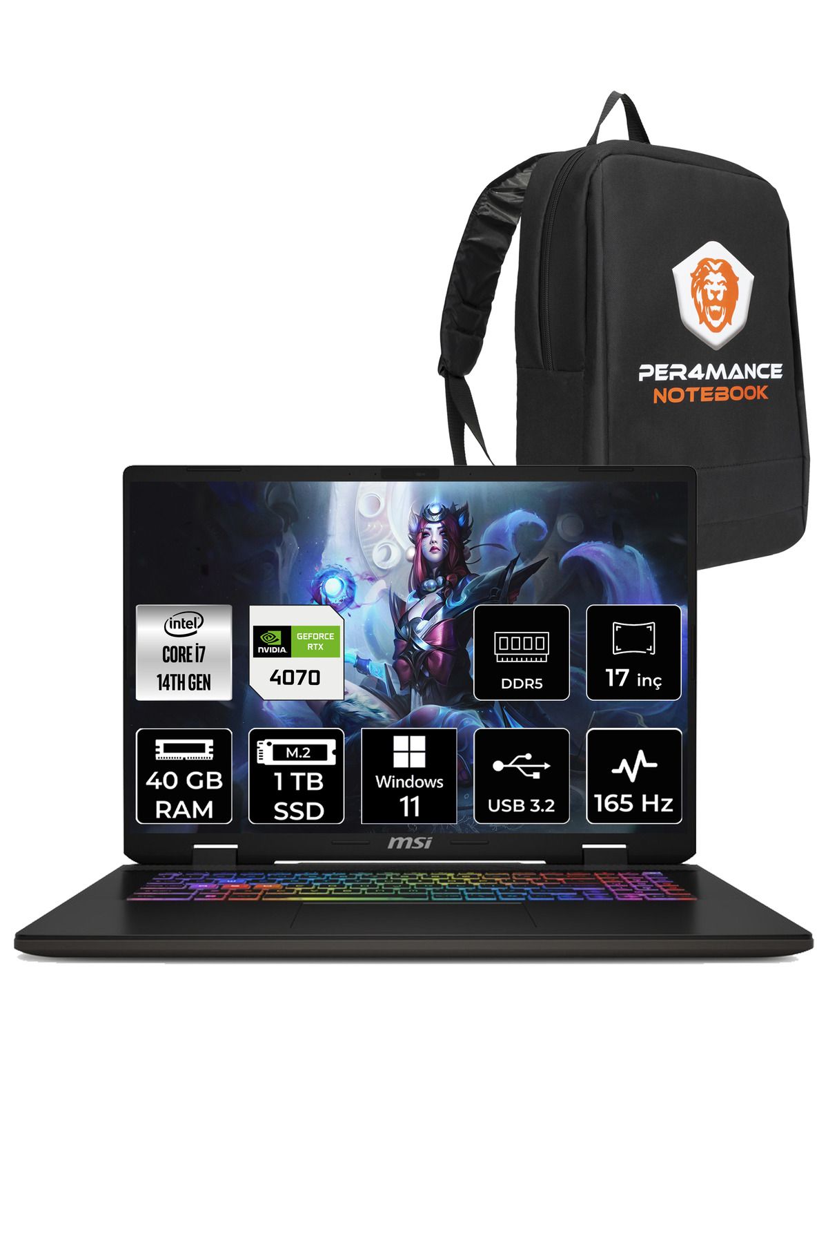 MSI SWORD 17 HX B14VGKG i7-14700HX 40GB 1TB SSD RTX4070/8GB 105W 17" FHD+ 165HZ W11H & PER4 ÇANTA