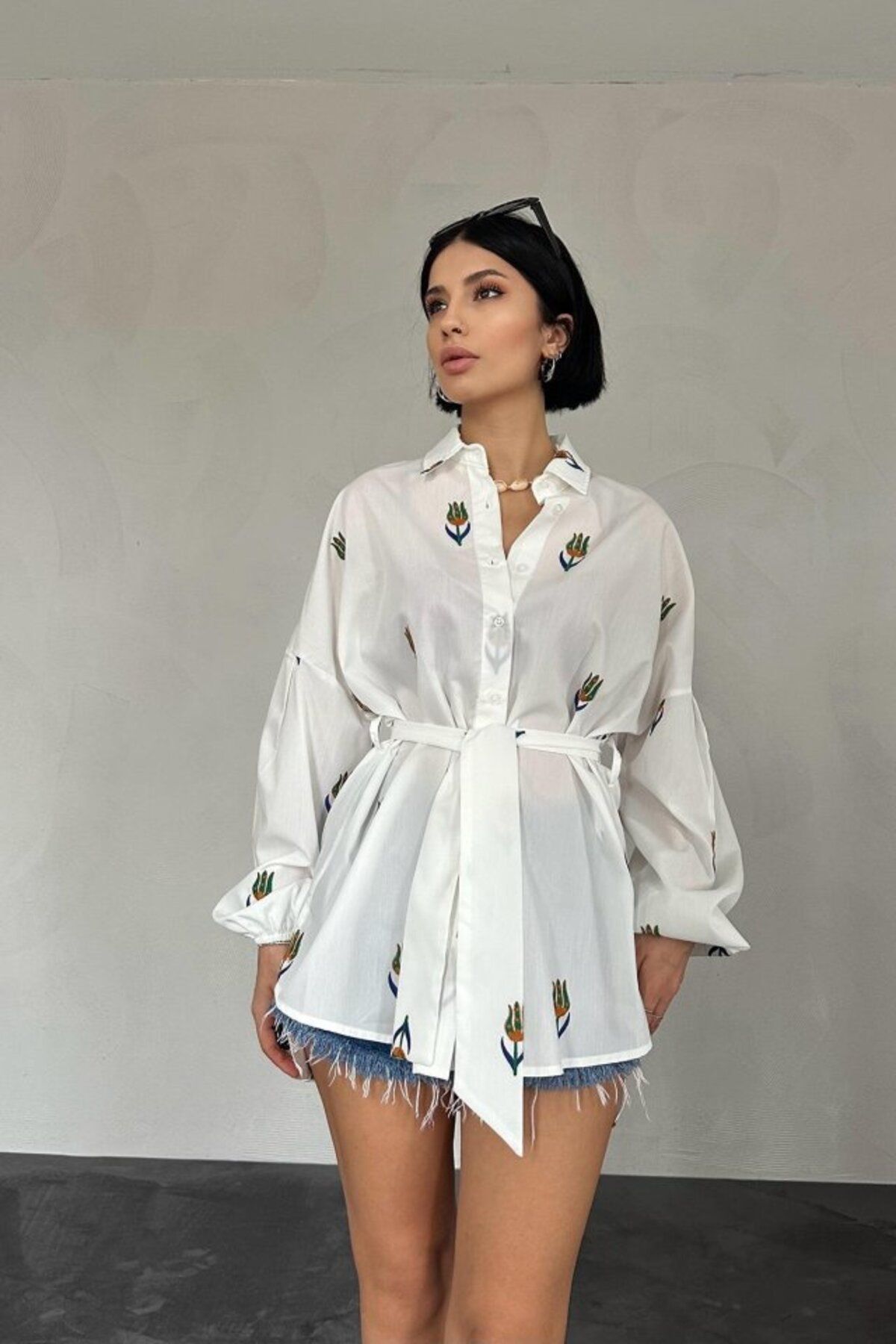 fh fashionhere Yeşil Vual Metraj Nakış Kuşaklı Gömlek
