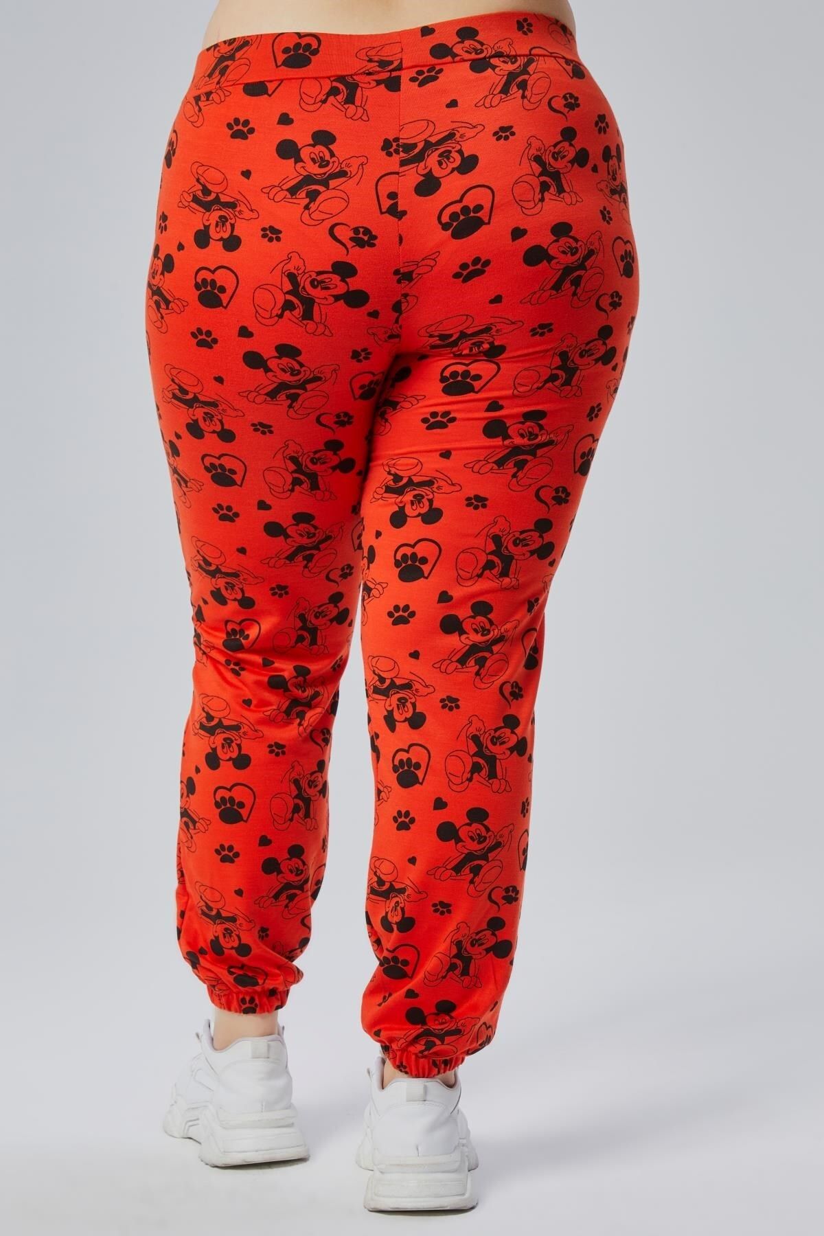 Seamoda-Large Size Elastic Waist and Leg Mickey Patterned Two-Pocket High Waist Comfortable Sweatpants-Red 7