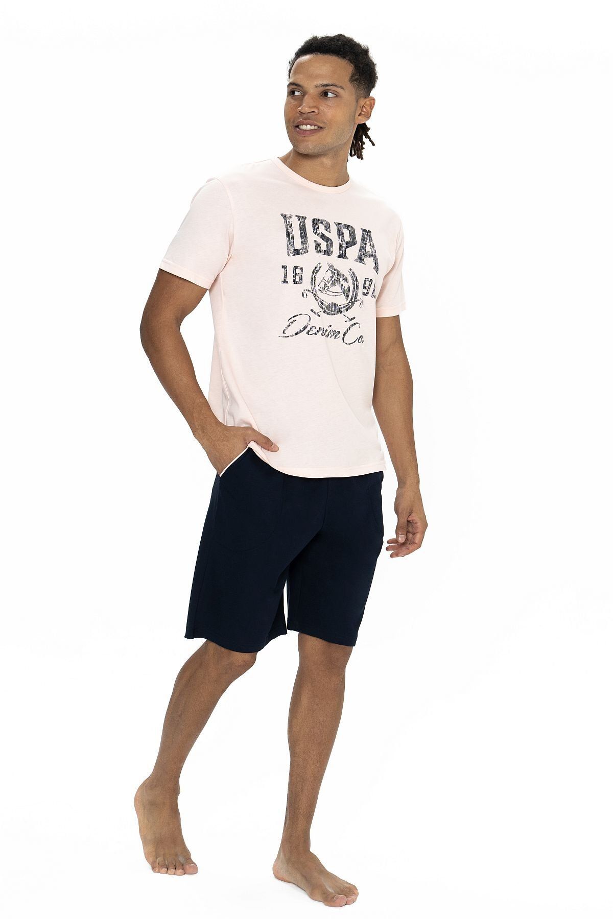 U.S. Polo Assn.-U.S Polo Assn Men's Pink Short Sleeve Crew Neck Shorts Pajama Set 2