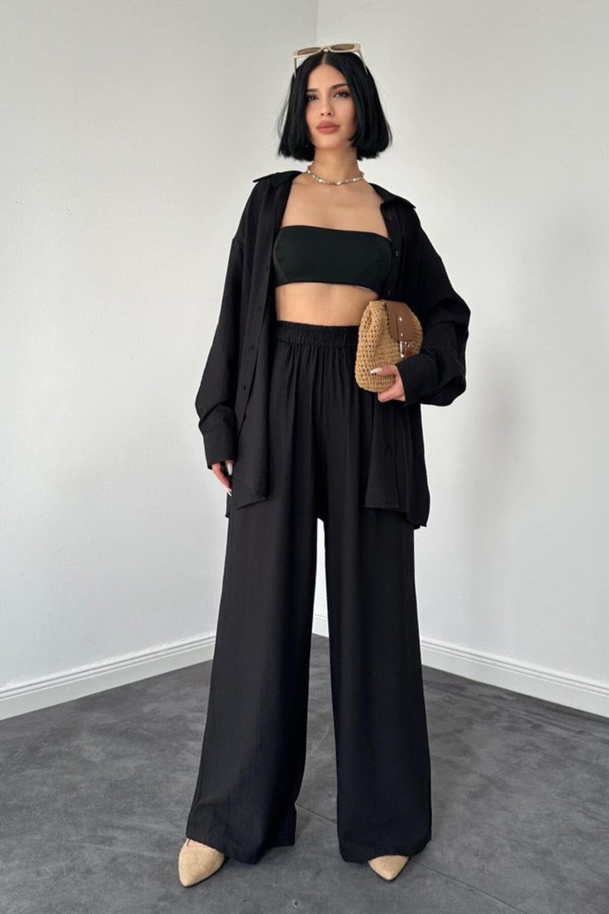 1001moda Siyah Alice Gömlek Ve Bol Kesim Pantolon Takım