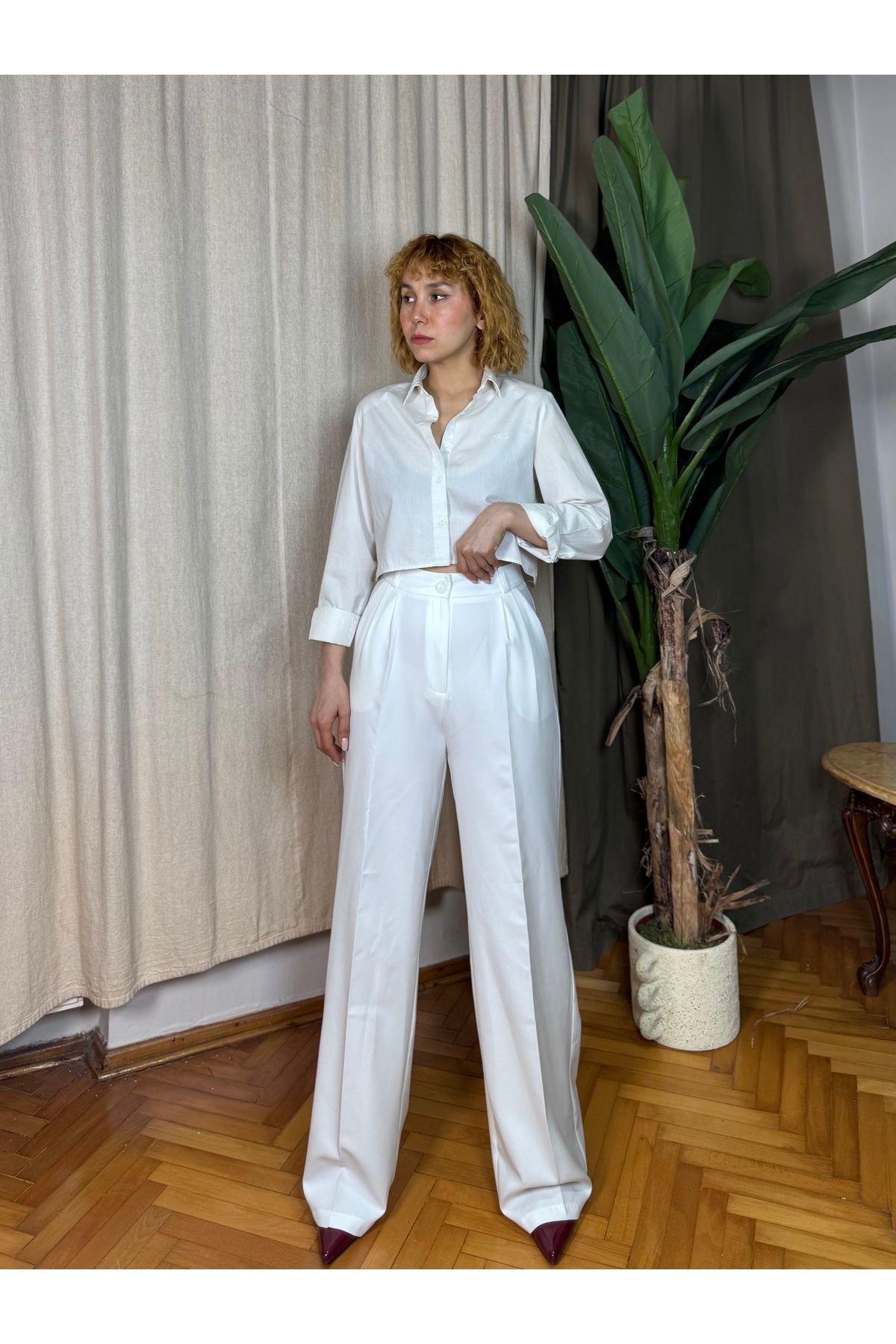 Bak'ap-High Waist Palazzo Fabric Trousers with Pleated Waist Detail 1