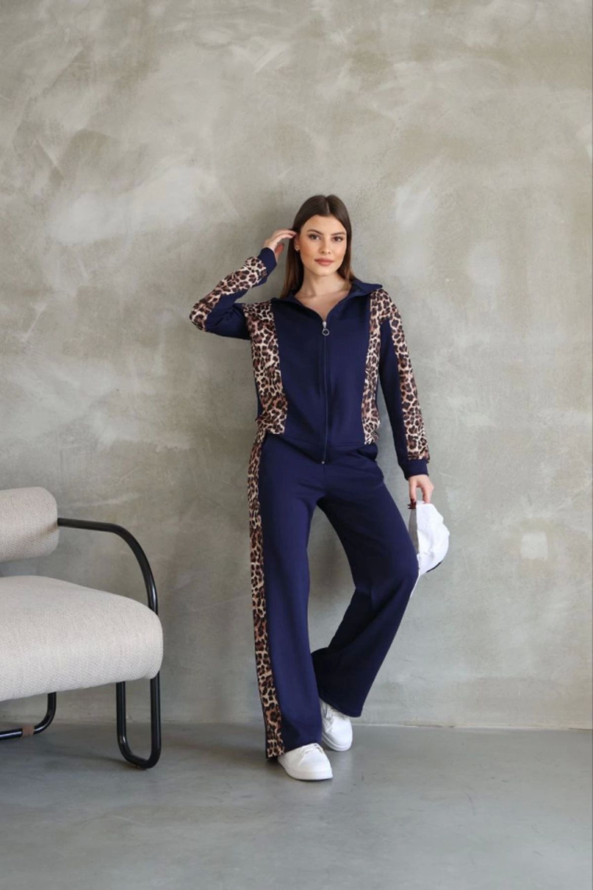 MHT STORE Osy Modal Yumuşak Dokulu Kumaş Kapüşonlu Leopar Desenli Fermuarlı Takım - Lacivert