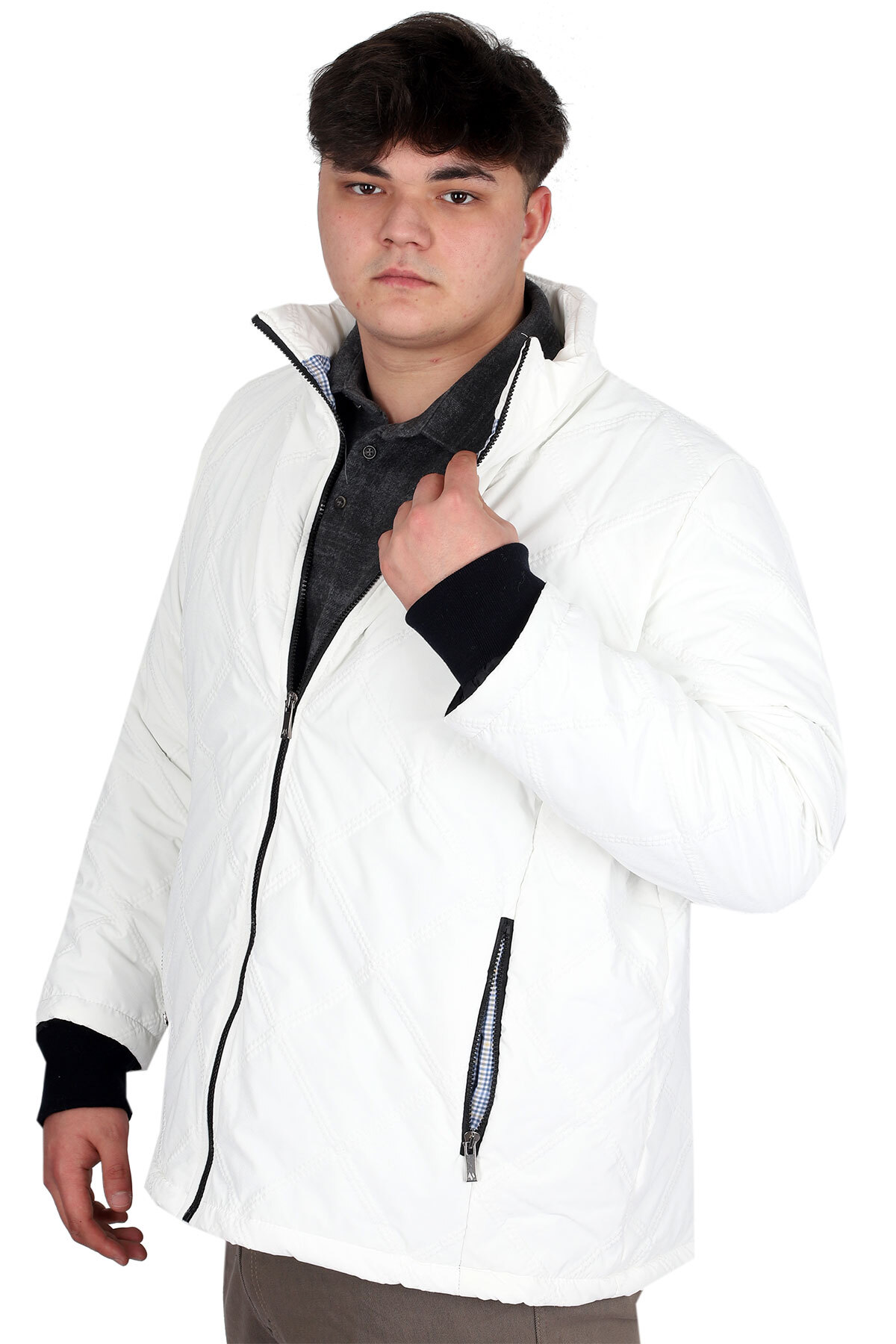 ModeXL Mode XL Büyük Beden Erkek Dik Yaka Kapitone Mont U24612 Ekru görsel 4