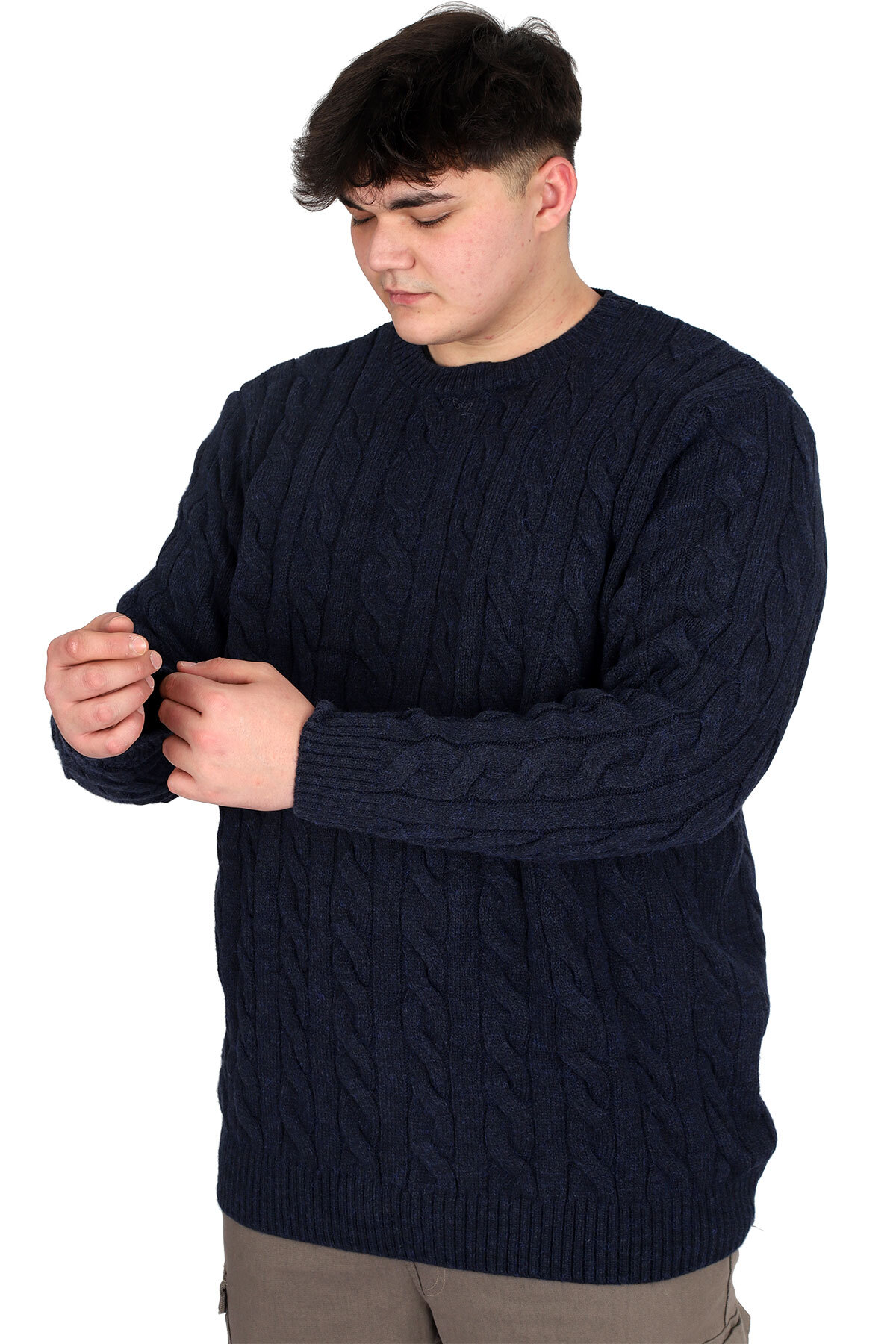 ModeXL Mode XL Büyük Beden Erkek Kazak Bisiklet Yaka BRAIDED 24211 Lacivert görsel 3