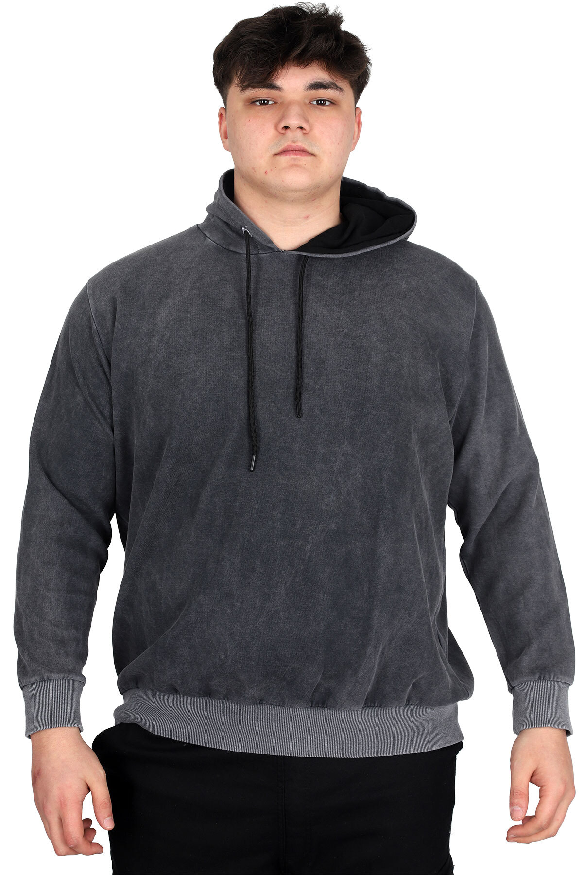 ModeXL Mode XL Büyük Beden Erkek Kapüşonlu Sweatshirt Asit Yıkama Interlok U24167 Beyaz