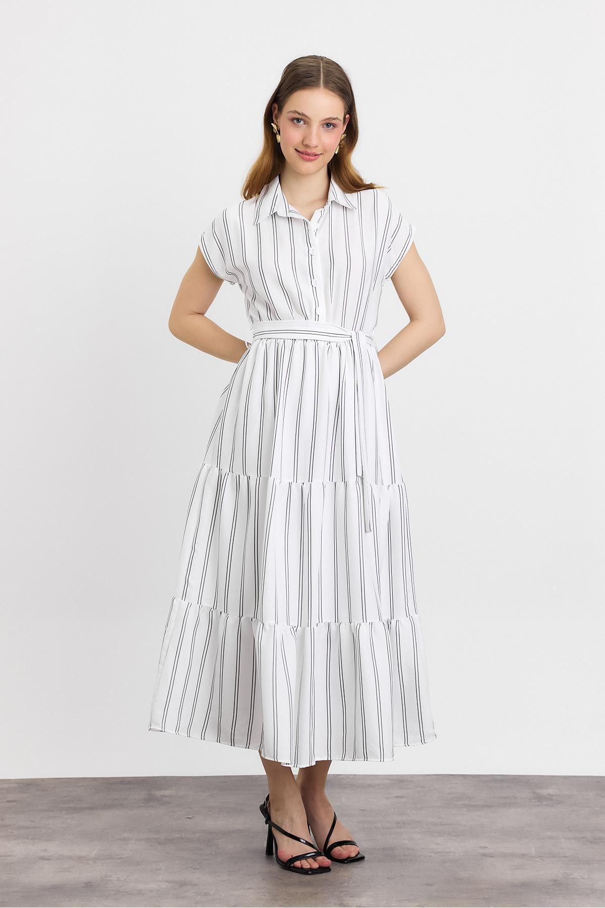 Rays-4443A Rochie lungă cu cravată în talie în dungi Ecru 2