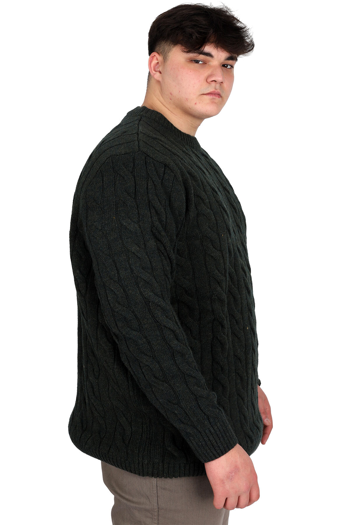 ModeXL Mode XL Büyük Beden Erkek Kazak Bisiklet Yaka BRAIDED 24211 Haki görsel 2