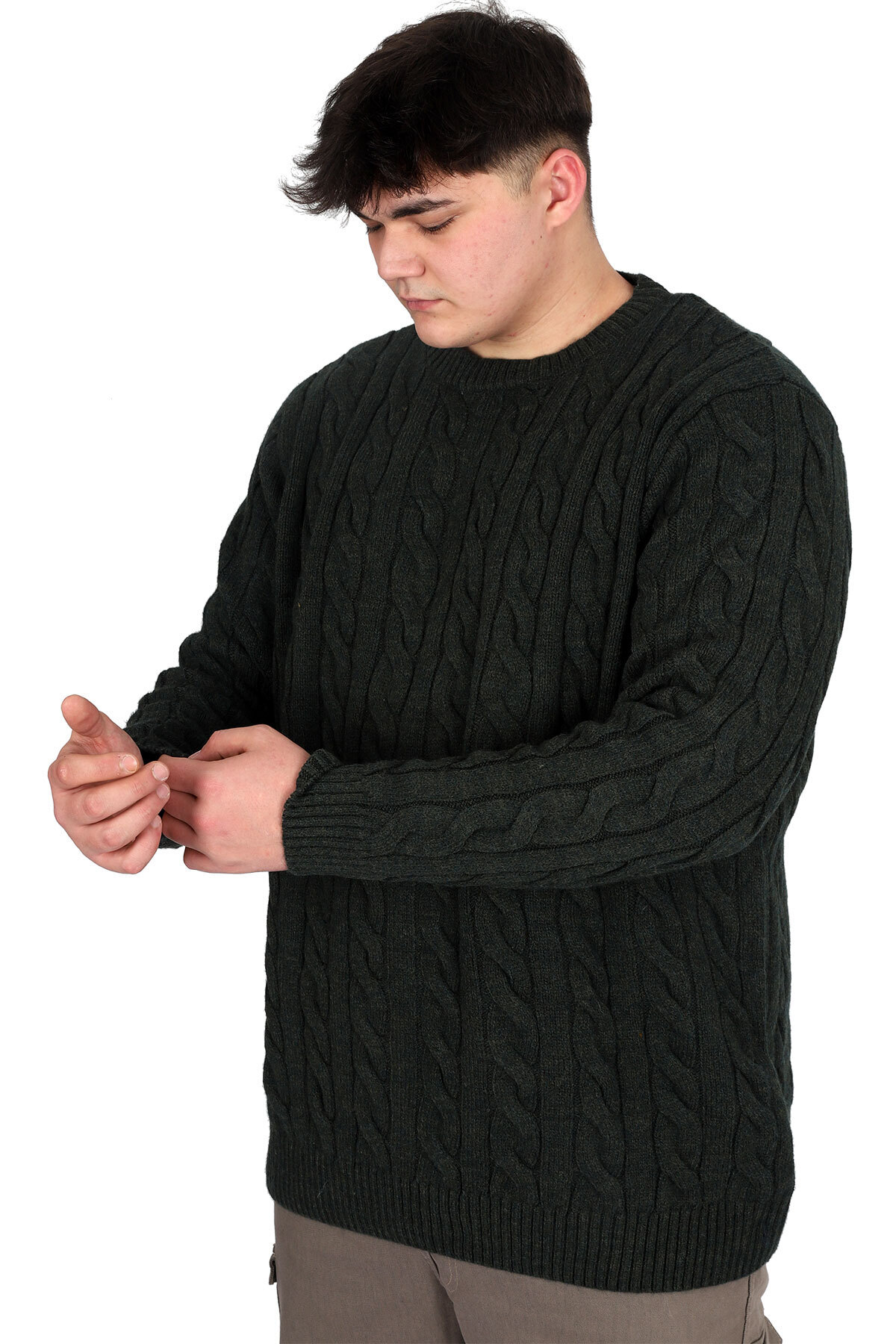 ModeXL Mode XL Büyük Beden Erkek Kazak Bisiklet Yaka BRAIDED 24211 Haki görsel 3