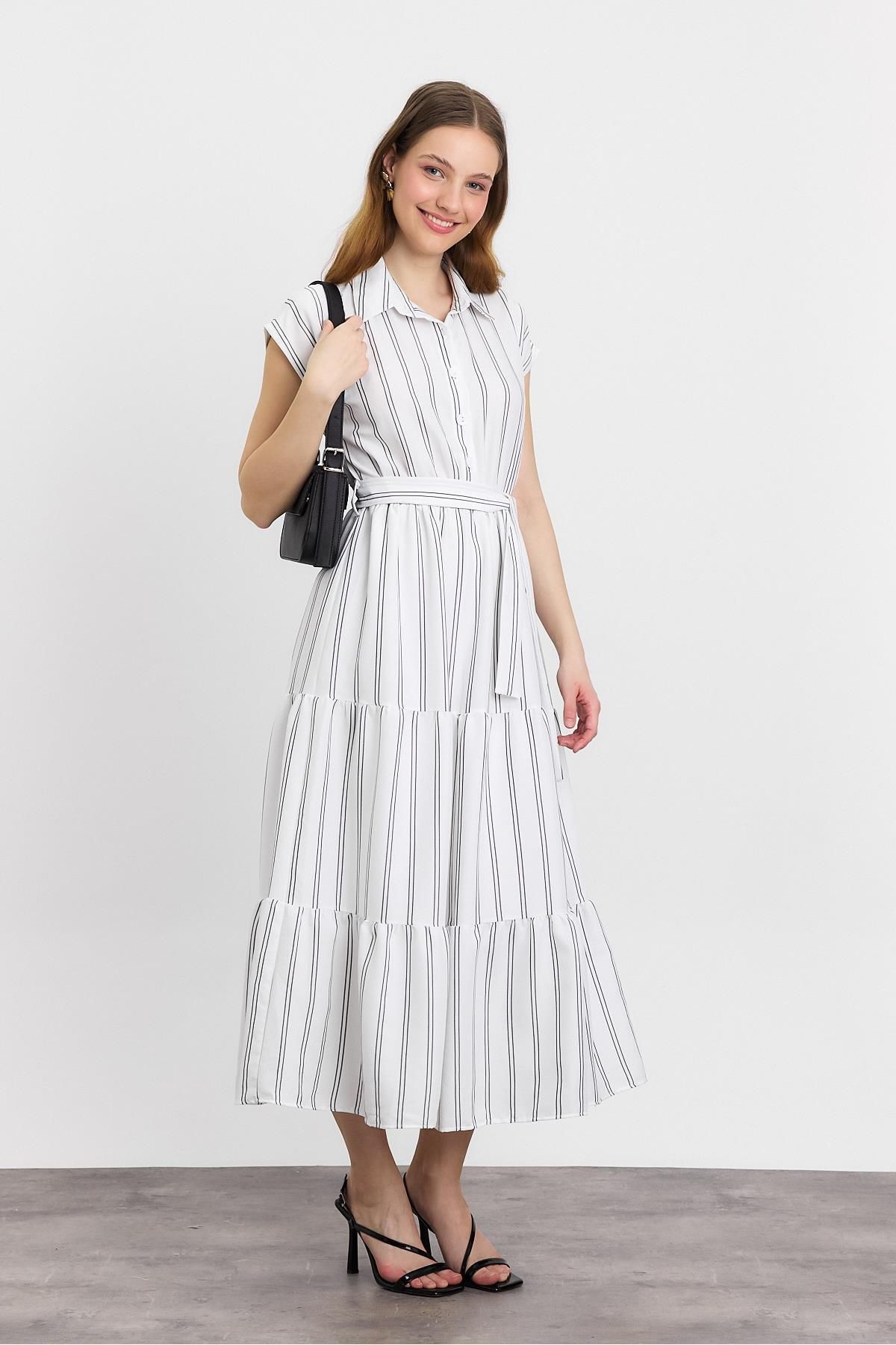 Rays-4443A Rochie lungă cu cravată în talie în dungi Ecru 6