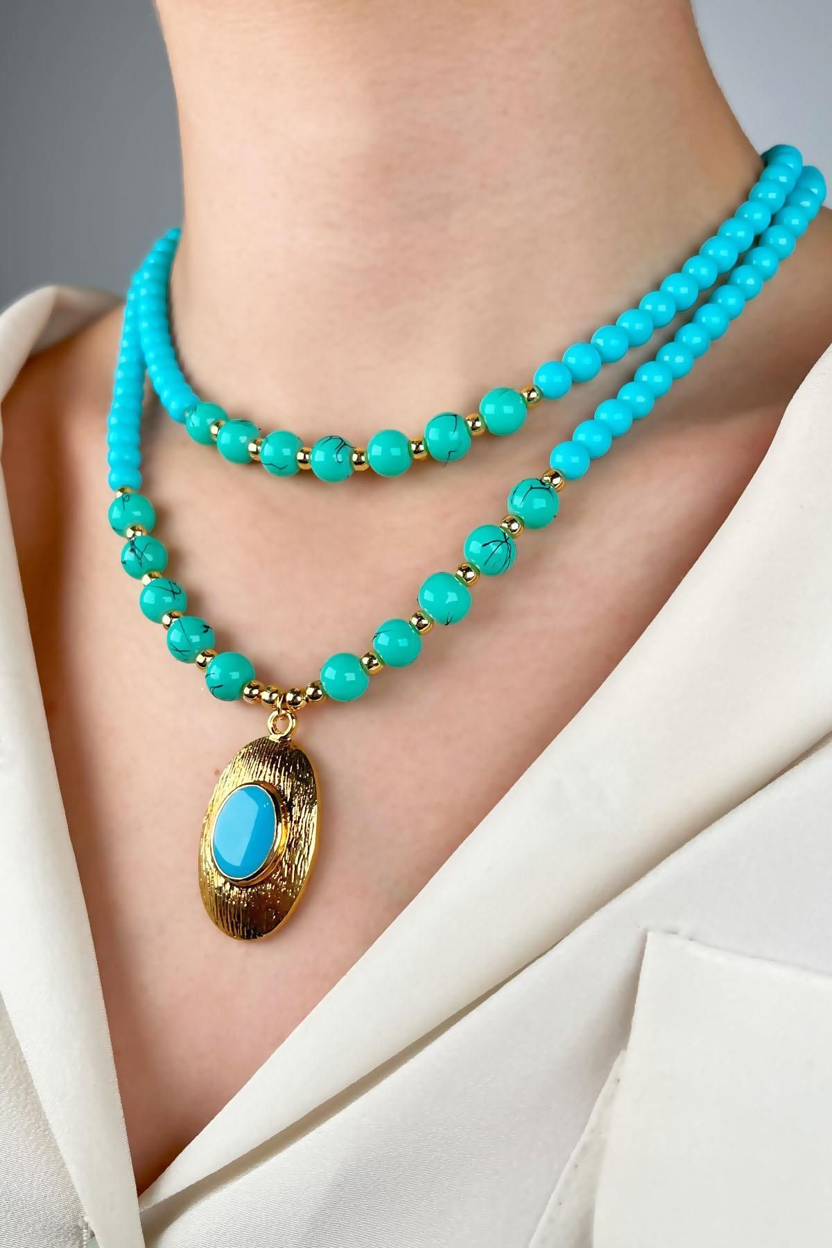 Sose Moda-Double Row Bead Necklace with Gold Plated Tip - Turquoise 2