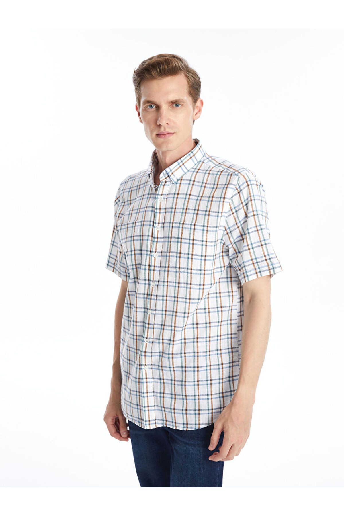 LC Waikiki Yeni Sezon Regular Fit Kisa Kollu Ekose Poplin Erkek Gomlek - S4NE71Z8
